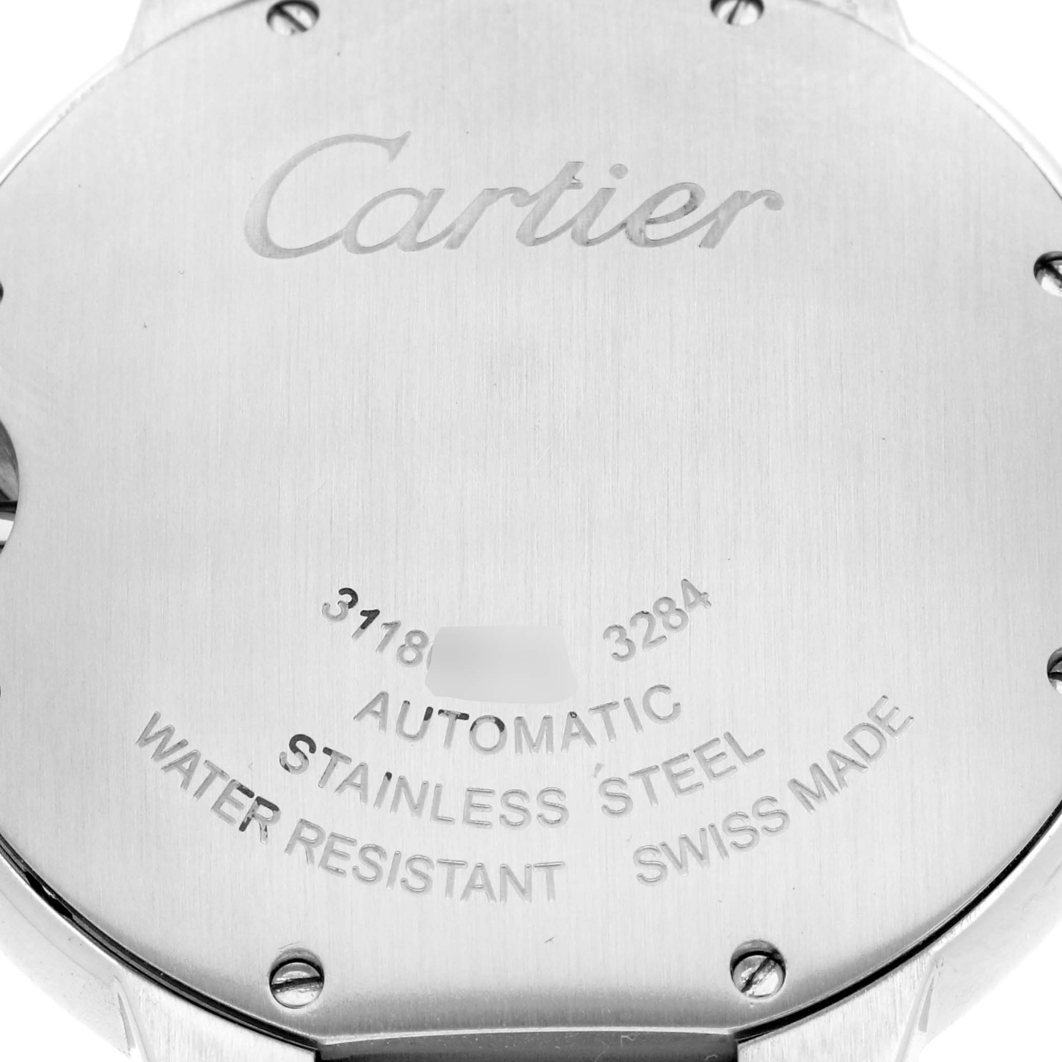 The image shows the back of the Cartier Ballon Bleu watch, model number W2BB0012, highlighting the brand, model details, and specifications engraved on the case back.