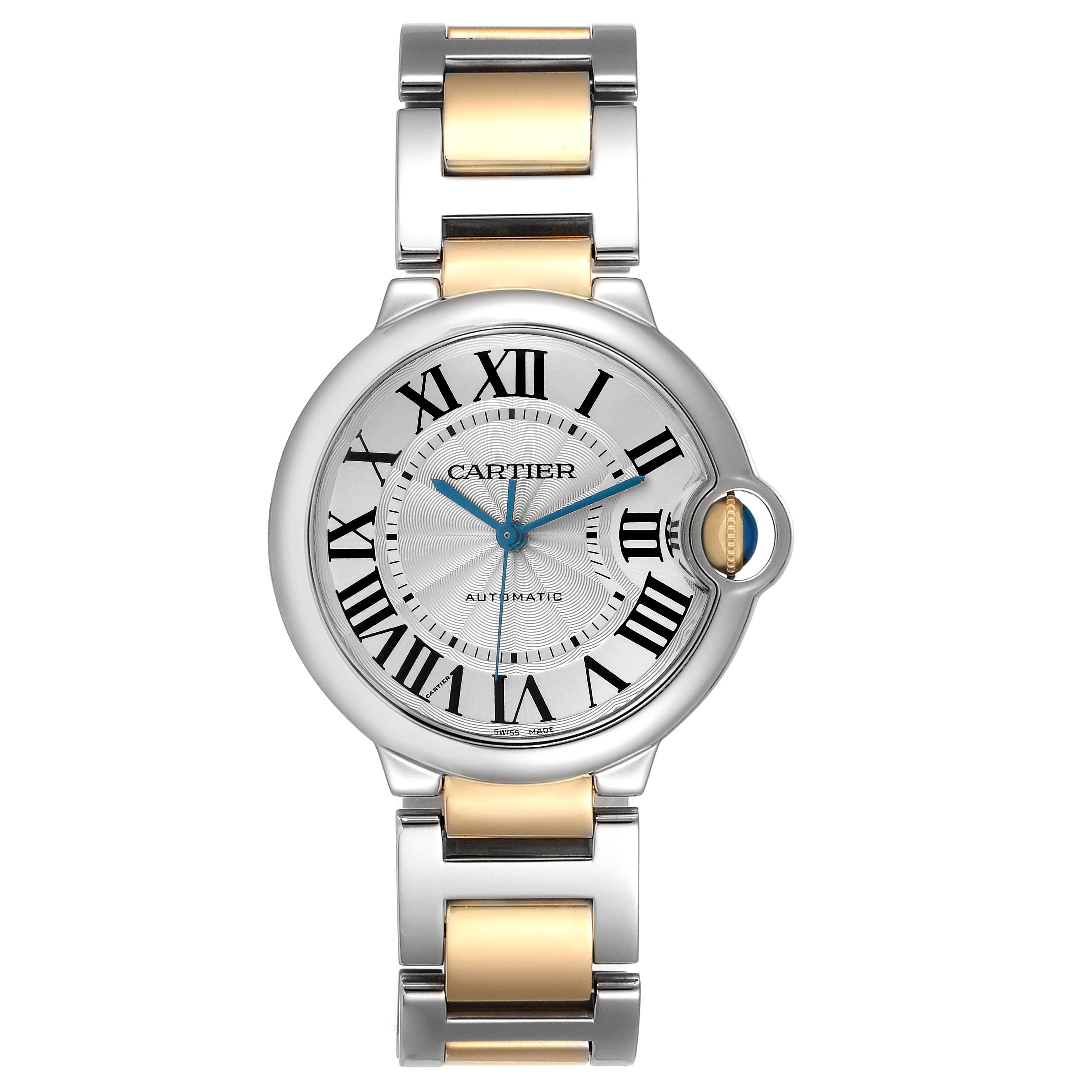 The Cartier Ballon Bleu model W2BB0012 watch is shown from the front, displaying its face, Roman numerals, and metal bracelet.