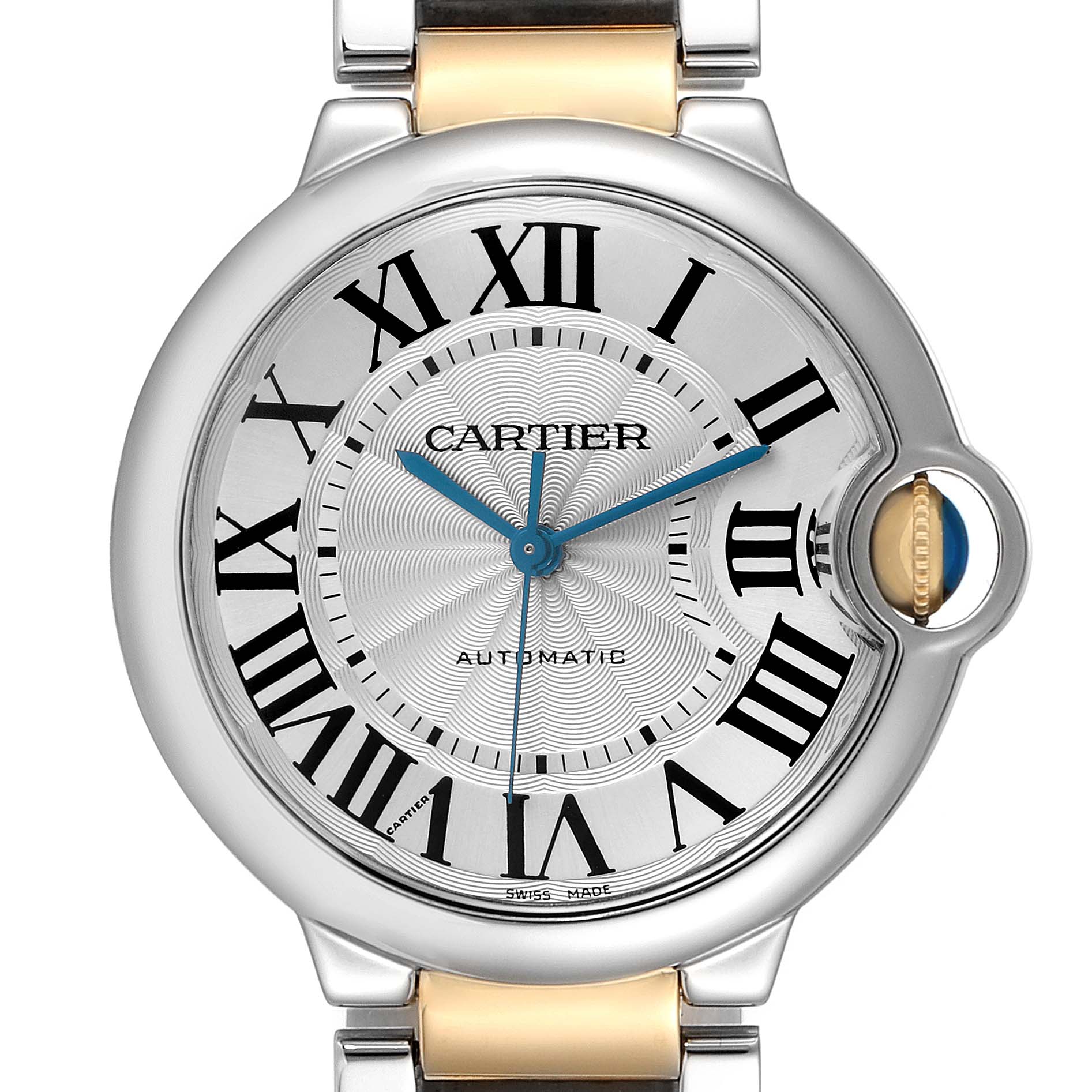 The image shows a close-up of the Cartier Ballon Bleu men’s watch, model W2BB0012, highlighting its dial, Roman numerals, and signature crown.