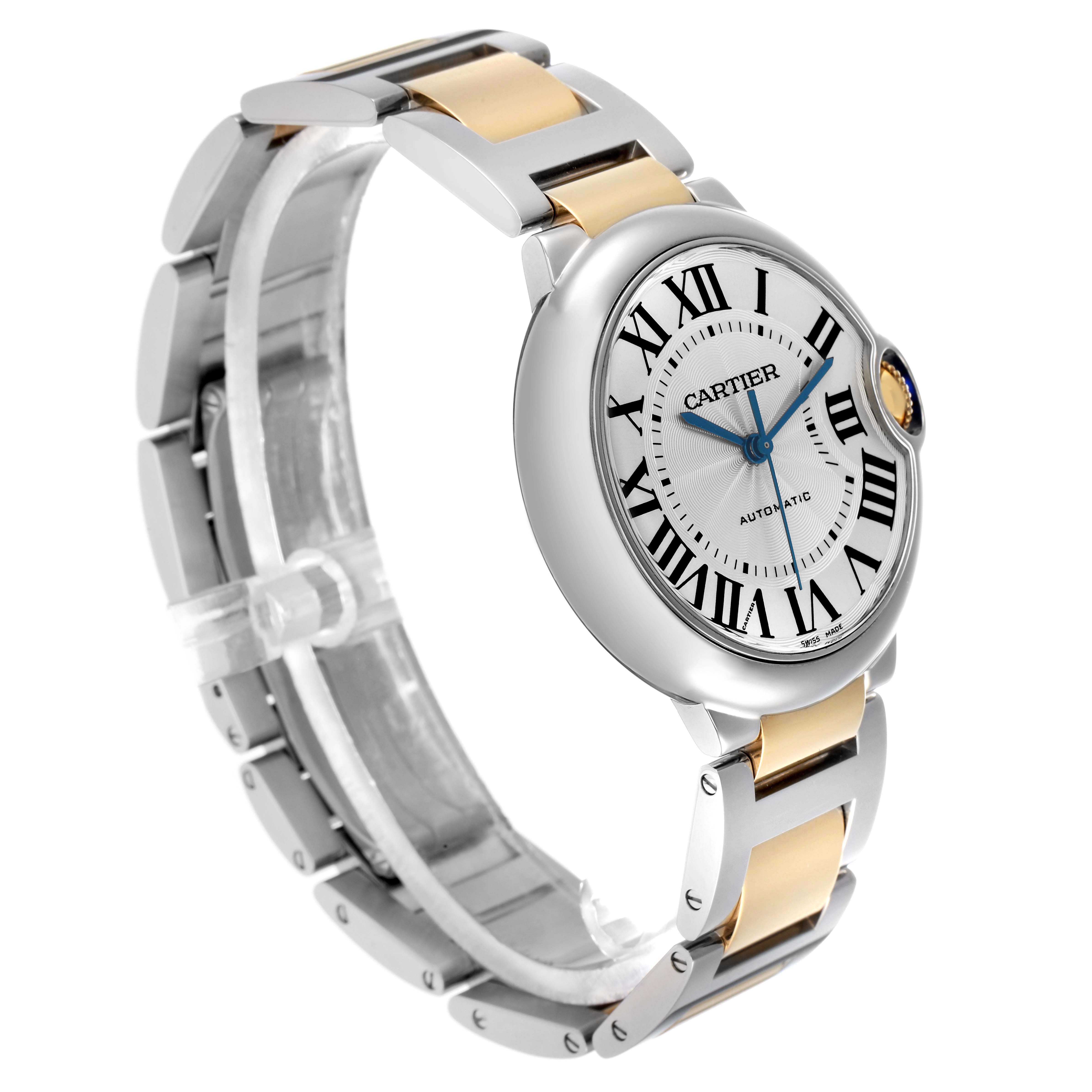 The Cartier Ballon Bleu model W2BB0012 men
s watch is shown at a three-quarter angle, highlighting its two-tone bracelet, round case, and blue steel hands.