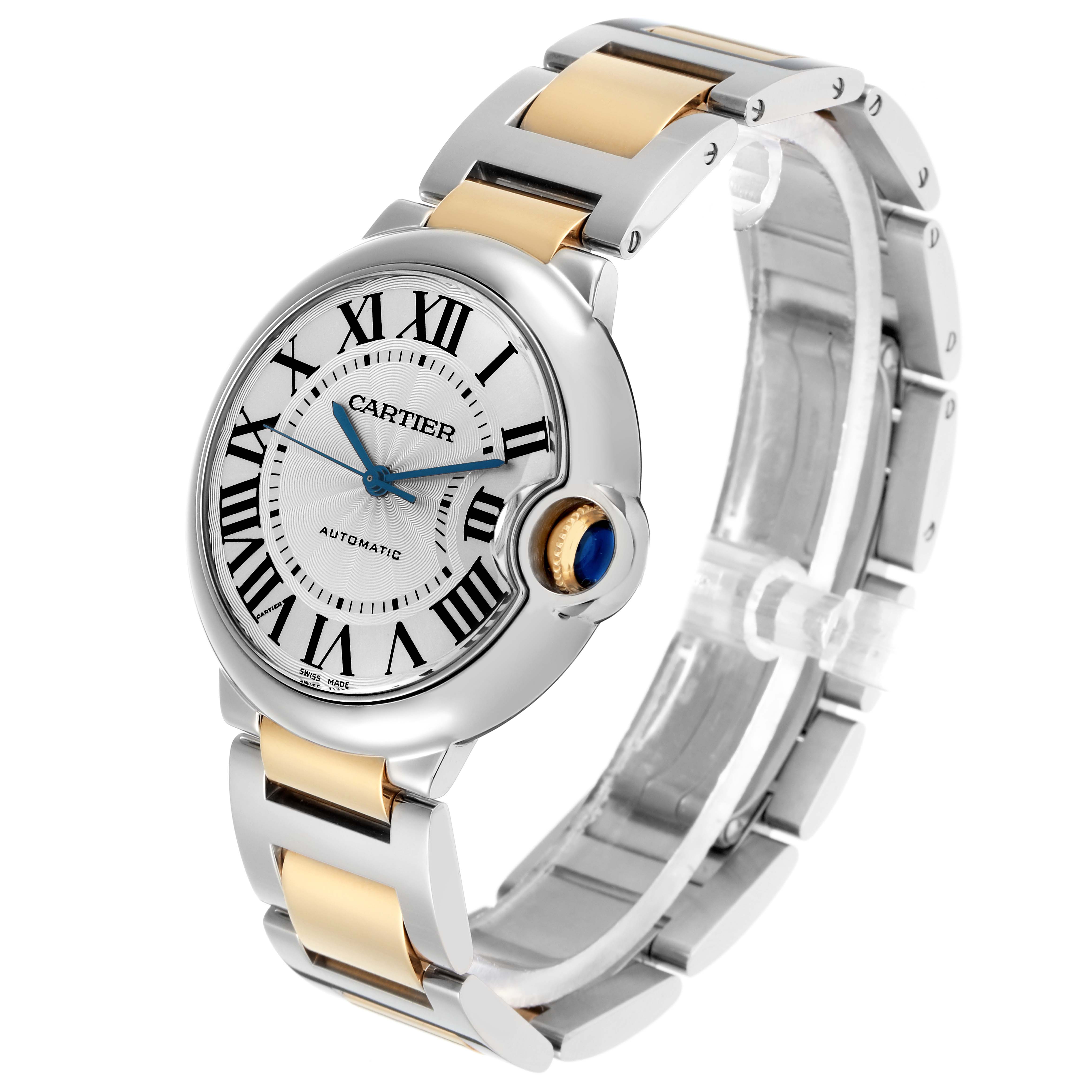 The Cartier Ballon Bleu W2BB0012 men
s watch is shown at an angled view, displaying the face, Roman numerals, blue hands, and two-tone bracelet.