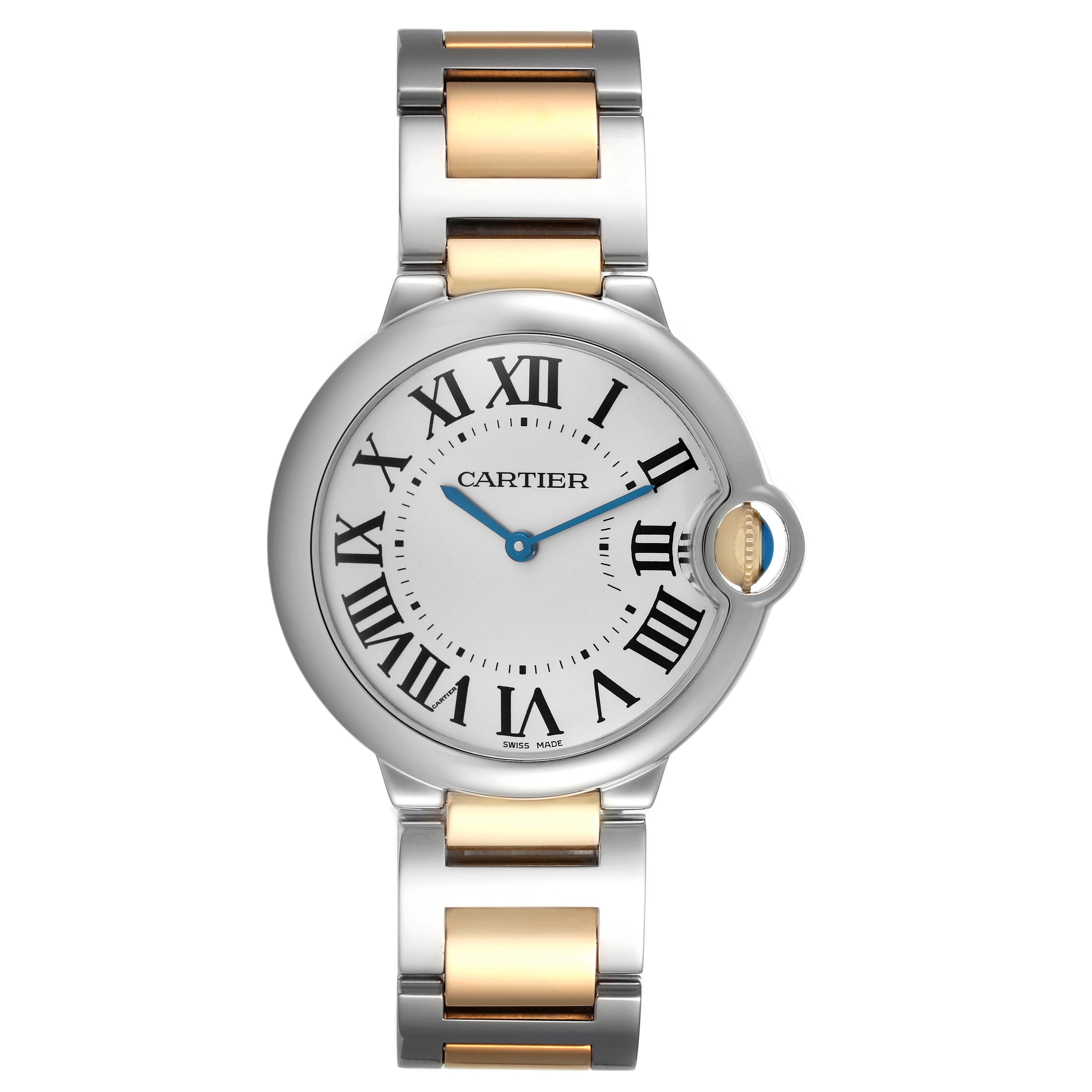 The Cartier Ballon Bleu model W69008Z3 men's watch is shown from the front, highlighting its round face, Roman numerals, and two-tone metal bracelet.