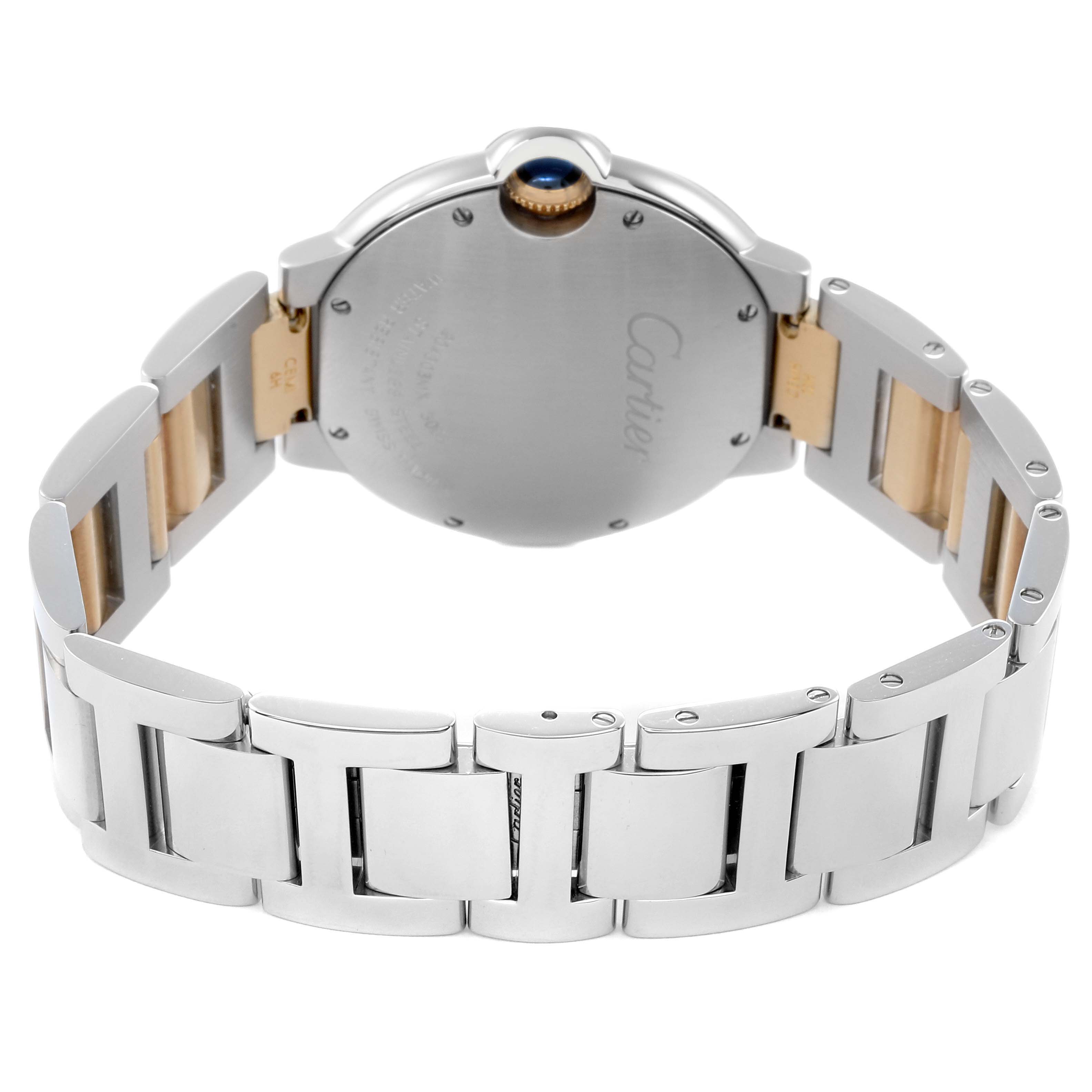 The image shows the back of the Cartier Ballon Bleu model W69008Z3 men's watch, highlighting the case back and metal bracelet with gold accents.