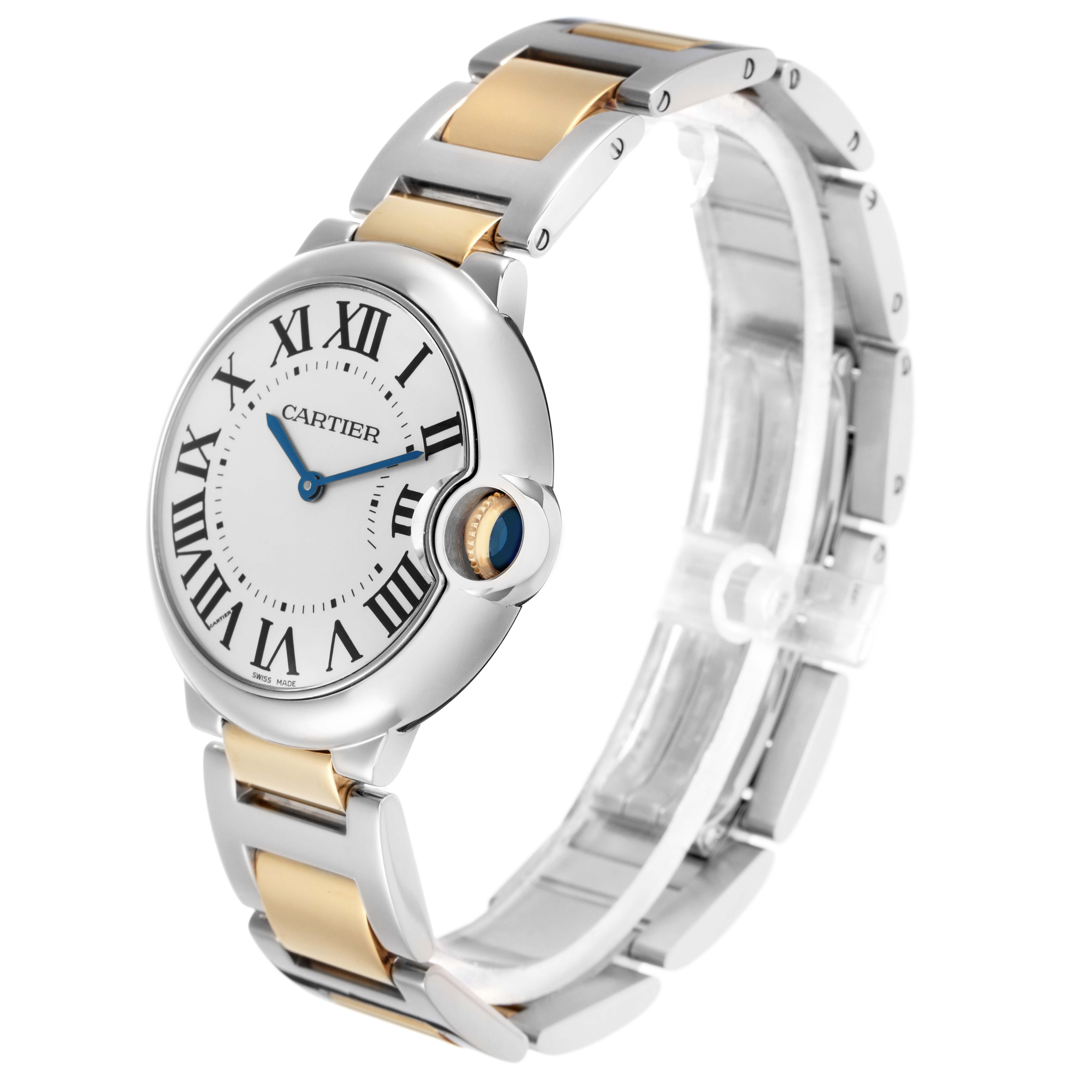 The Cartier Ballon Bleu watch model W69008Z3 is shown at a three-quarter angle, highlighting the face, Roman numeral dial, blue hands, and two-tone bracelet.