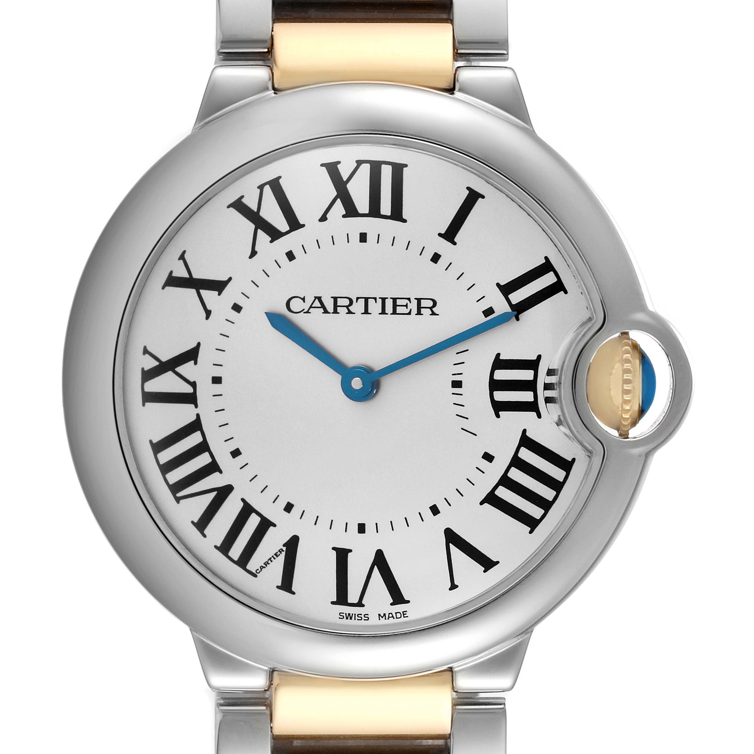 The Cartier Ballon Bleu model W69008Z3 men's watch is shown from the front, highlighting the face, hands, Roman numerals, and crown with a blue cabochon.