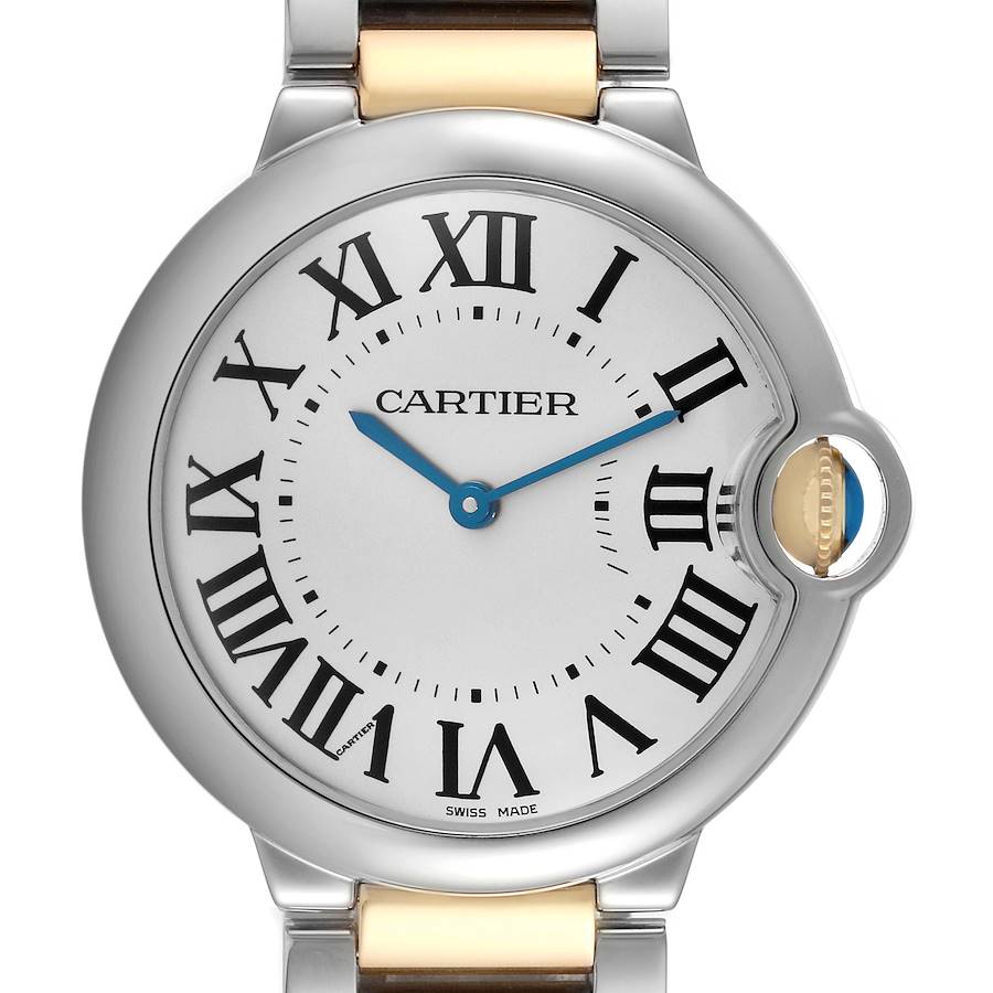 The Cartier Ballon Bleu model W69008Z3 men's watch is shown from the front, highlighting the face, hands, Roman numerals, and crown with a blue cabochon.