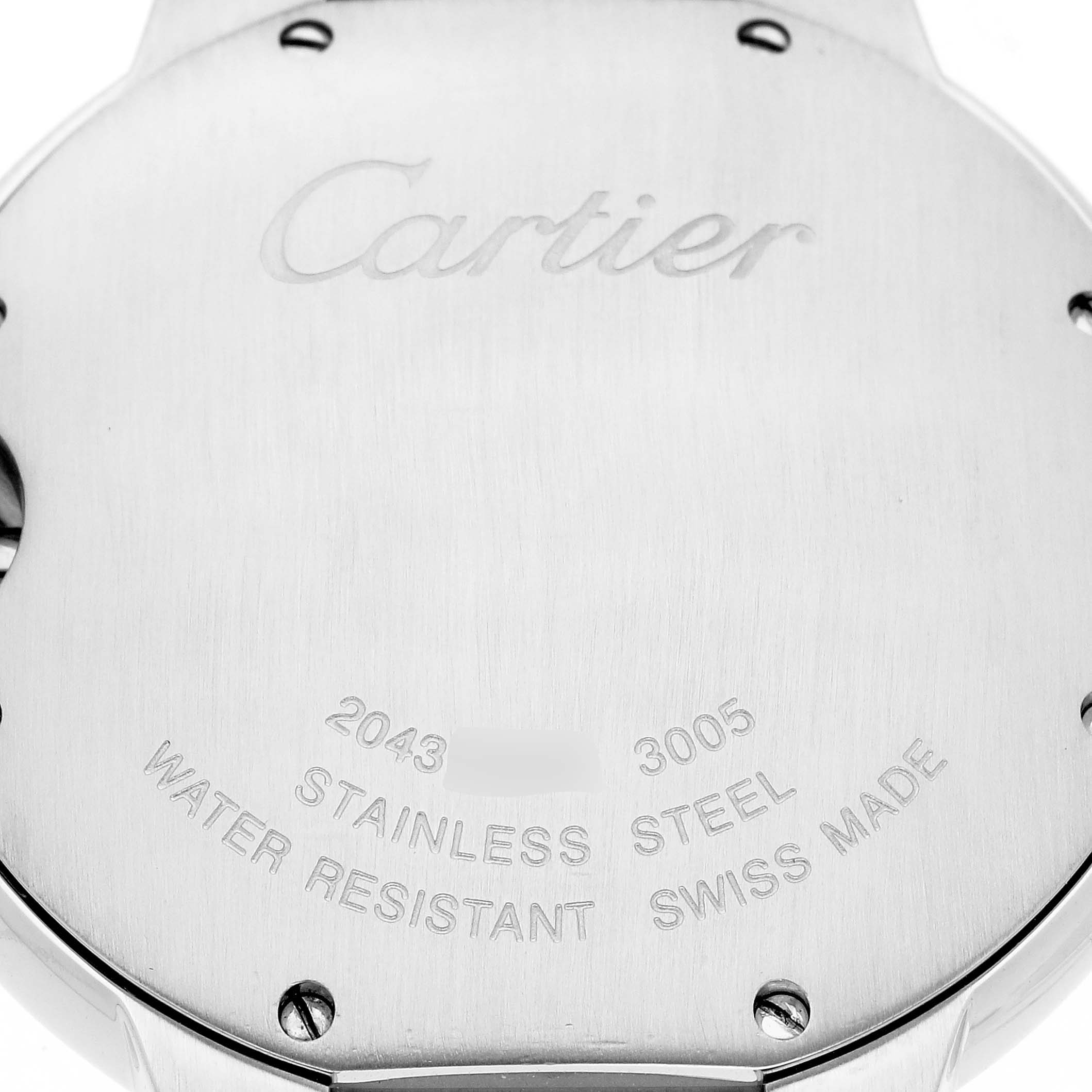 The image shows the back of a Cartier Ballon Bleu men's watch model W69008Z3, featuring engraved details like "Stainless Steel" and "Swiss Made."