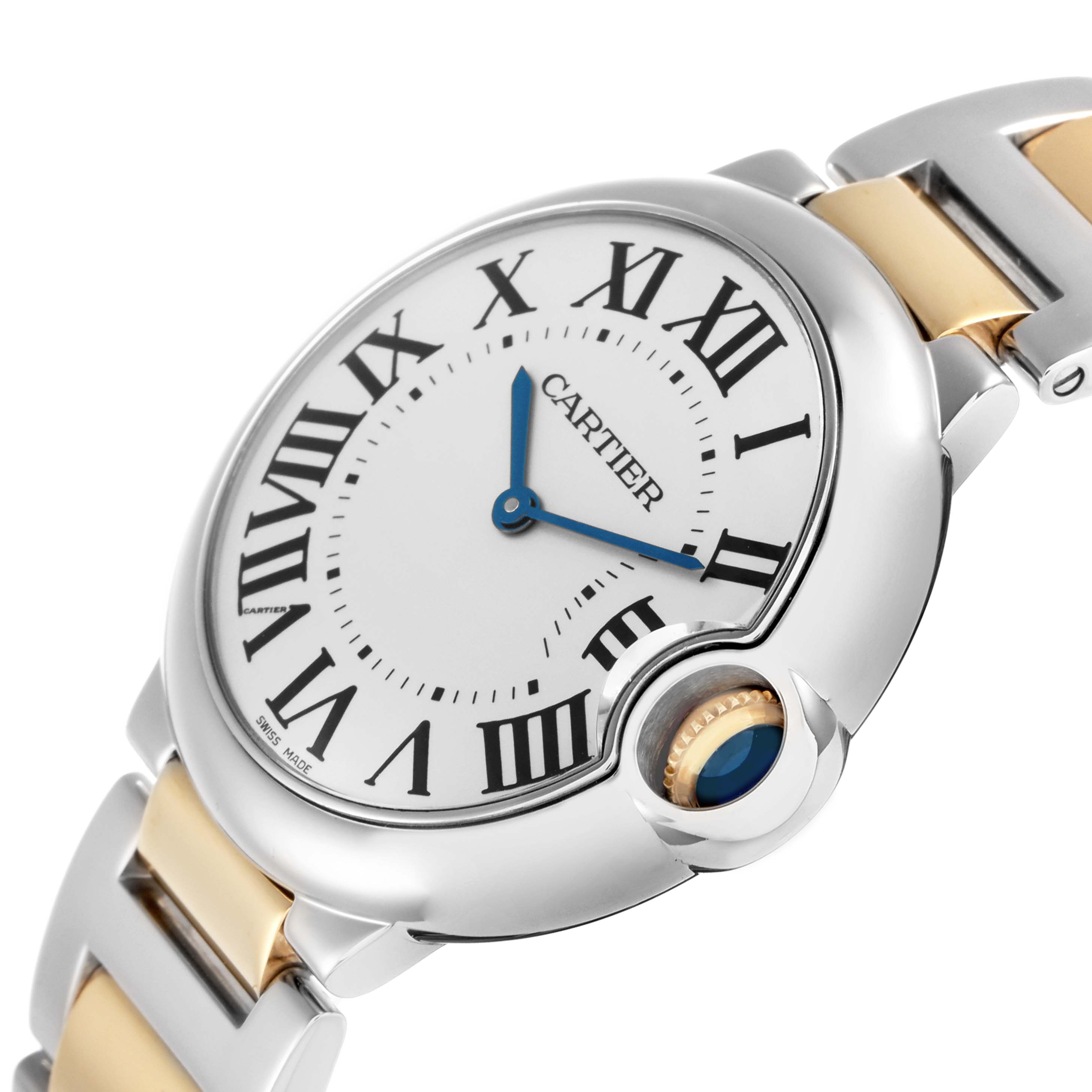 The Cartier Ballon Bleu model W69008Z3 is shown at an angle highlighting its rounded case, Roman numeral dial, blue steel hands, and metal bracelet.