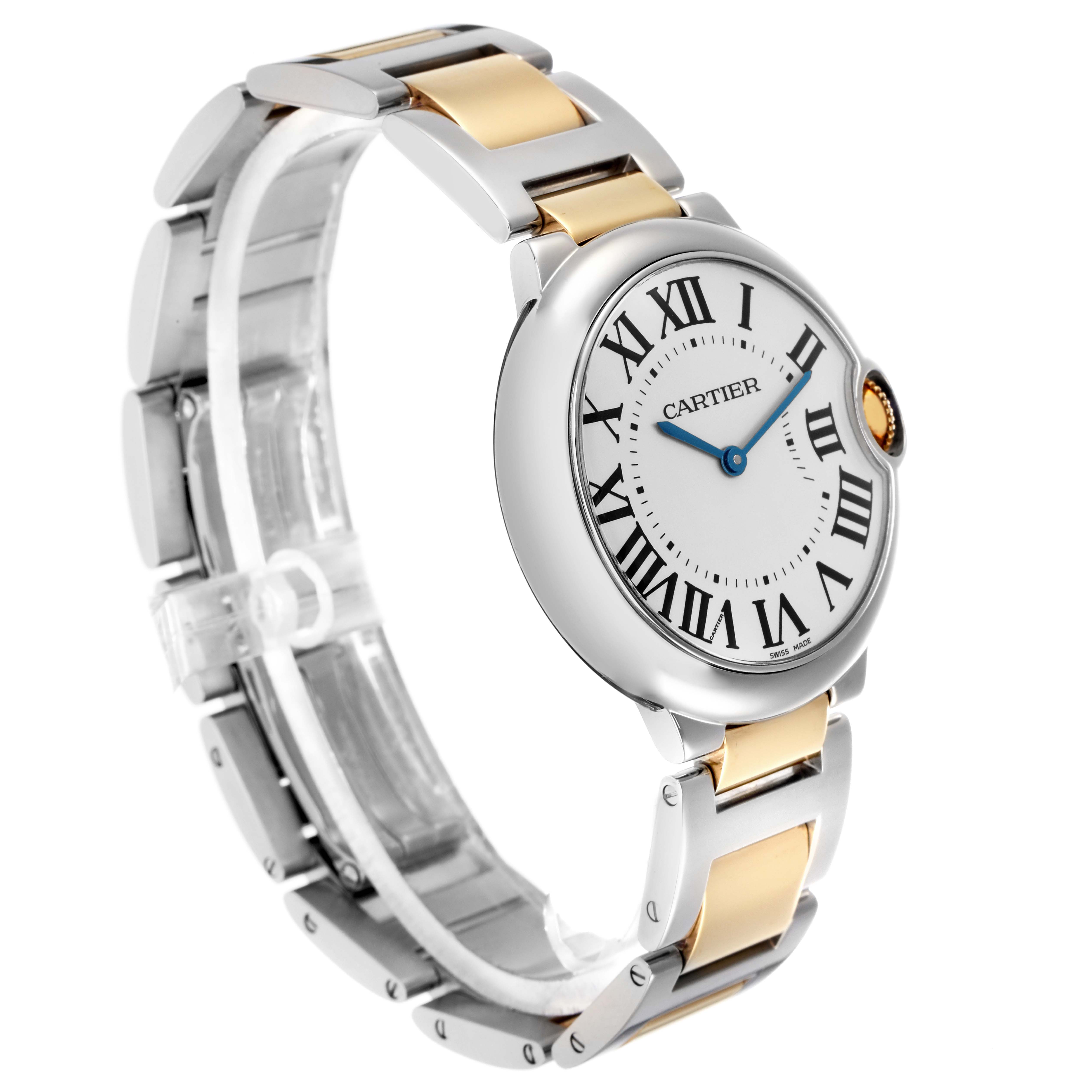 The image shows a Cartier Ballon Bleu watch, model W69008Z3, at a three-quarter angle, highlighting the face, Roman numerals, and two-tone bracelet.