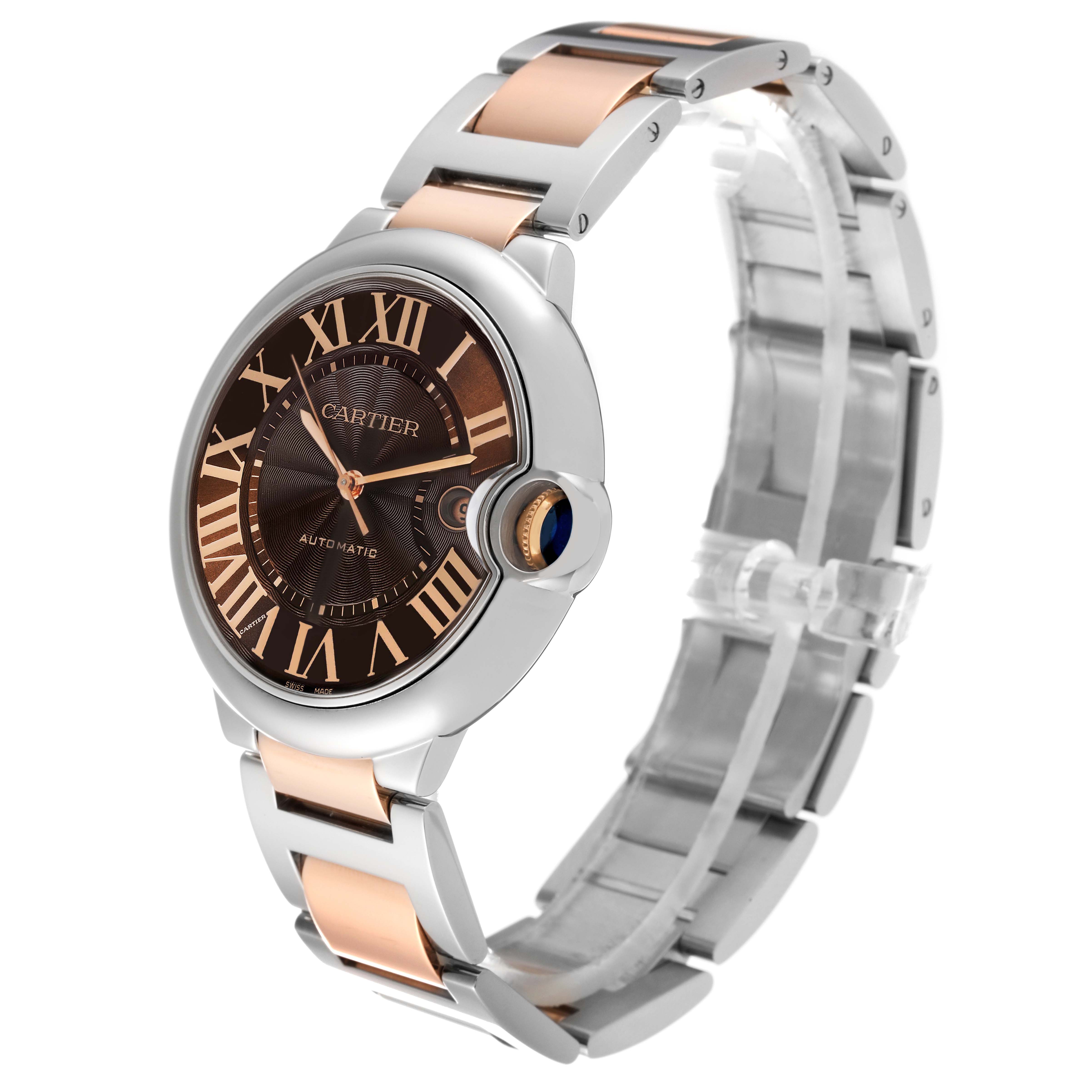 The image shows a Ballon Bleu model by Cartier at a slight angle, displaying its face, crown, and metal bracelet.