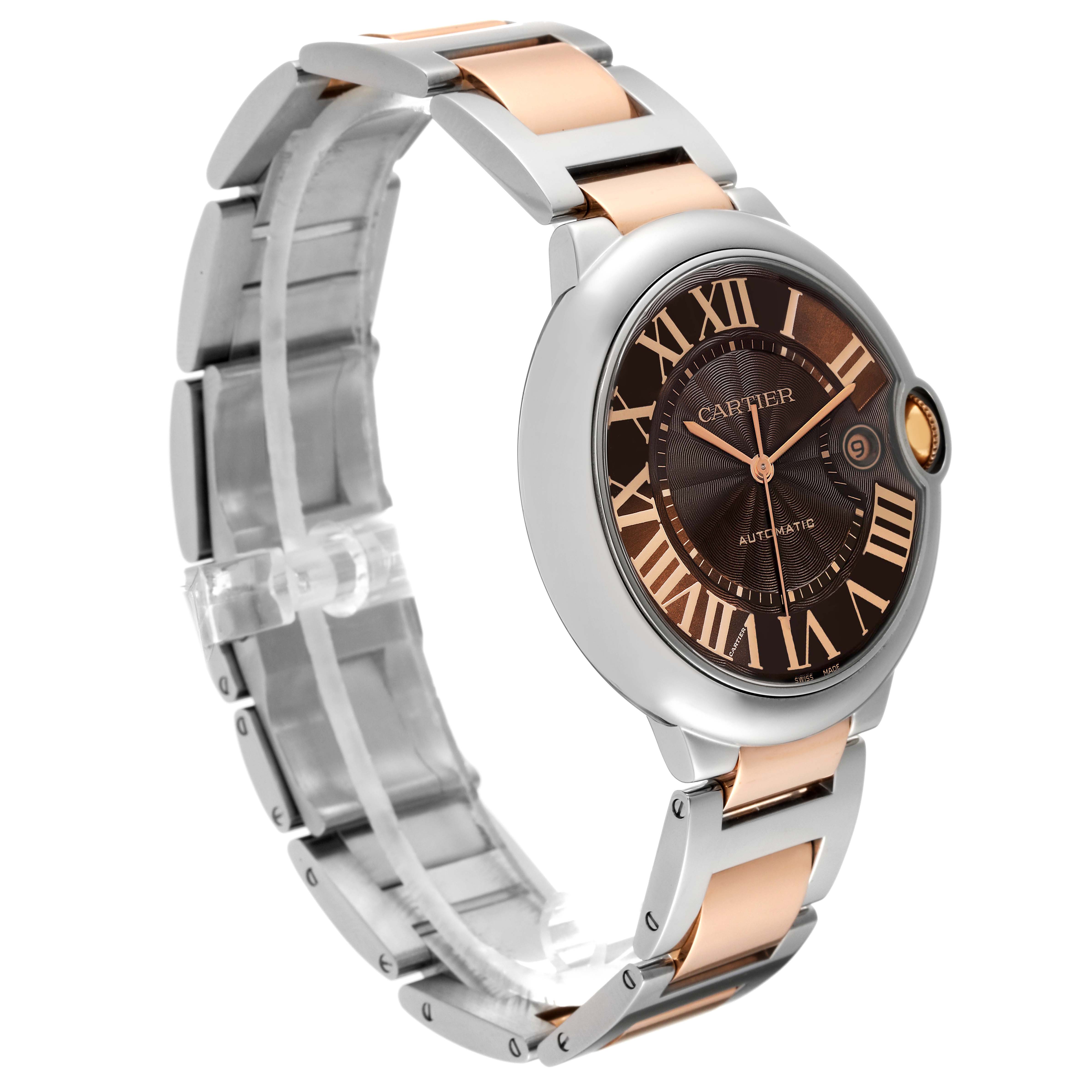 The image shows a Ballon Bleu de Cartier watch at an angle emphasizing its face and part of the bracelet.