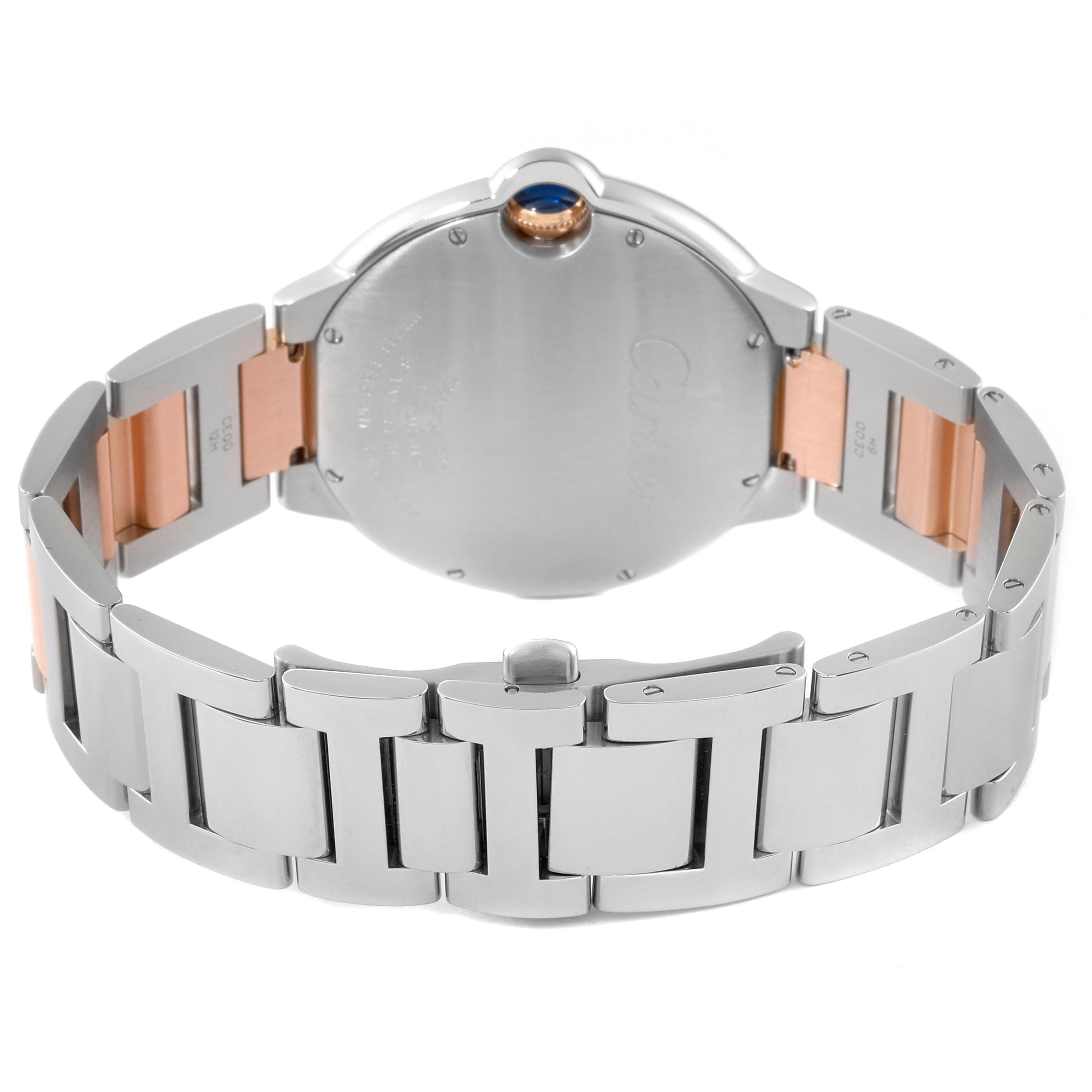 The image shows the back and bracelet of a Cartier Ballon Bleu W6920032 Men's Steel and Gold (two tone) Brown Dial W6920032 Men's Steel and Gold (two tone) Brown Dial watch, highlighting the two-tone metal.