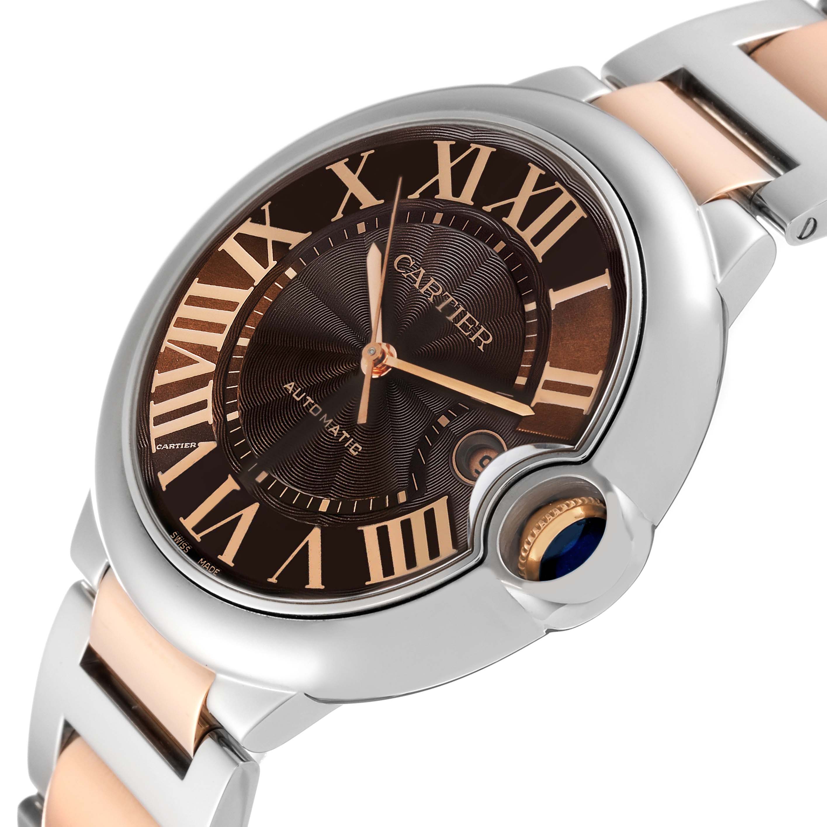 The image shows a close-up view of the Cartier Ballon Bleu W6920032 Men's Steel and Gold (two tone) Brown Dial W6920032 Men's Steel and Gold (two tone) Brown Dial watch, highlighting its dial, roman numerals, and part of the bracelet.