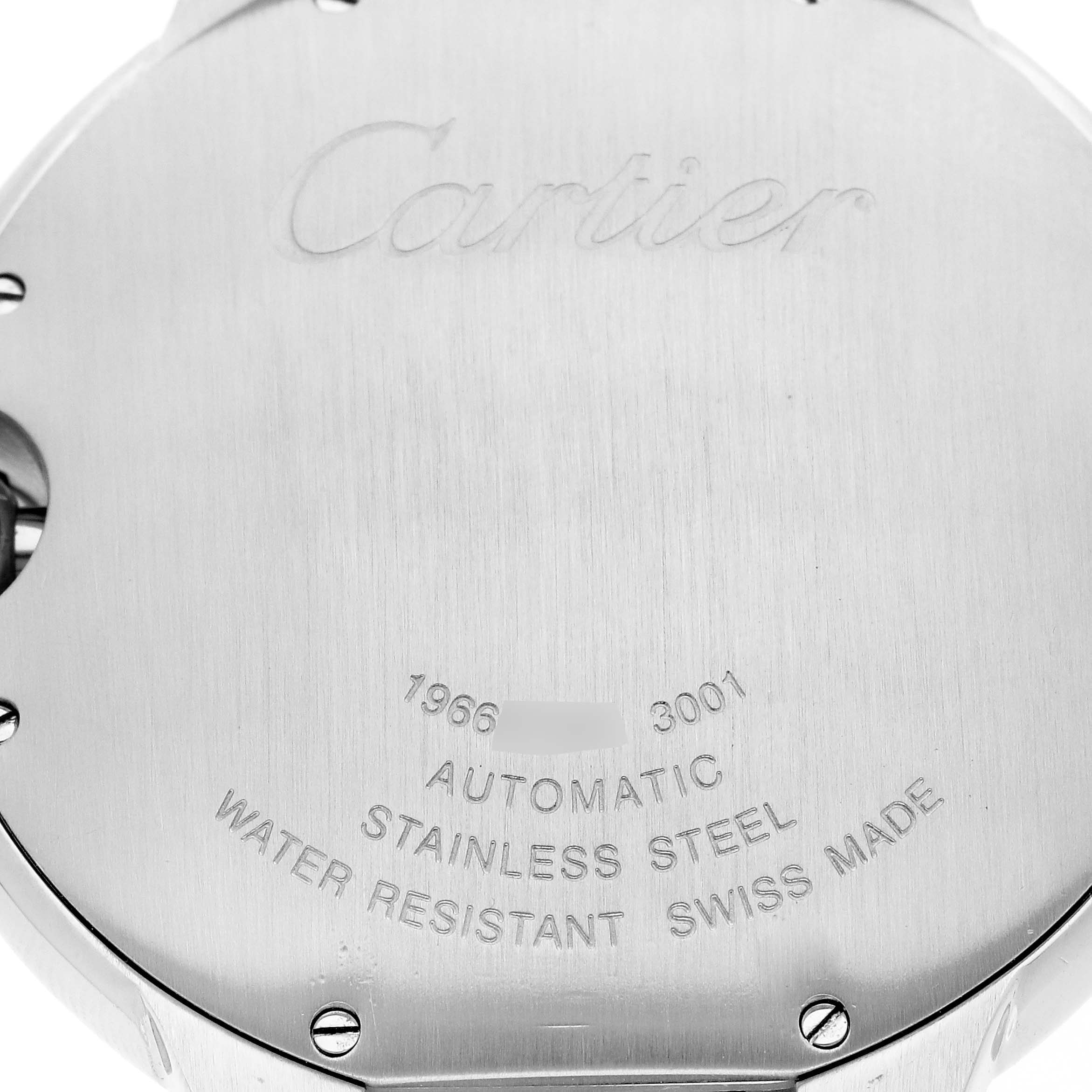 The image shows the back case of a Cartier Ballon Bleu W6920032 Men's Steel and Gold (two tone) Brown Dial W6920032 Men's Steel and Gold (two tone) Brown Dial watch, highlighting its engravings and specifications.