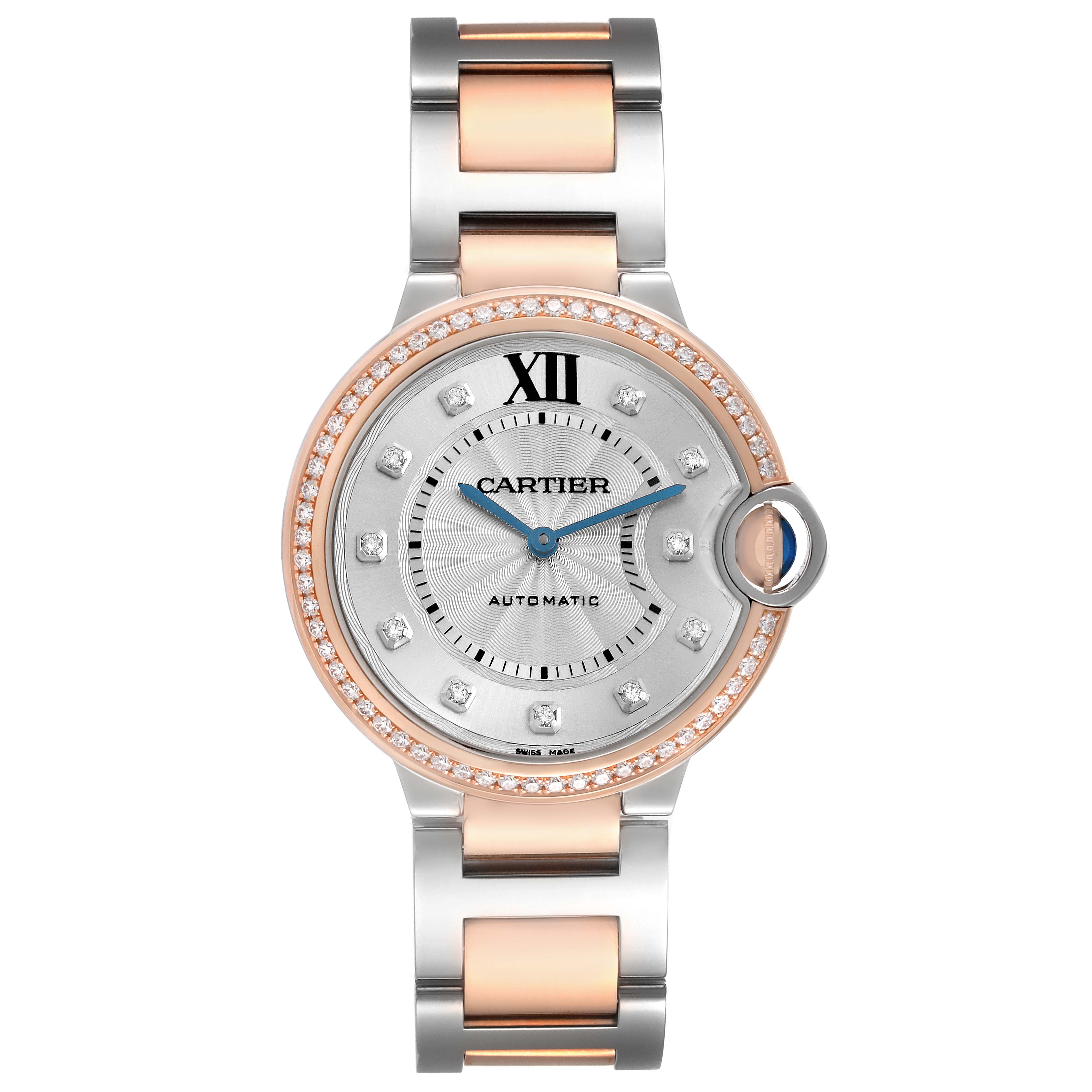 The Cartier Ballon Bleu model W3BB0004 watch is shown from a top-down angle, displaying its face, bezel with diamonds, and two-tone bracelet.