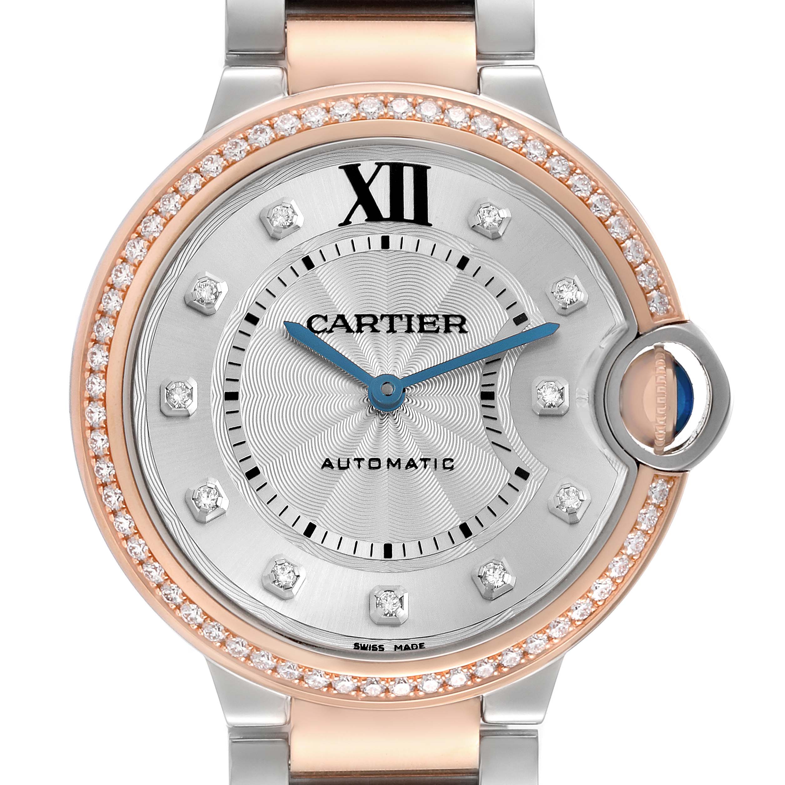This image shows a close-up, front view of the Cartier Ballon Bleu men's watch, model number W3BB0004, highlighting the diamond bezel and unique crown.