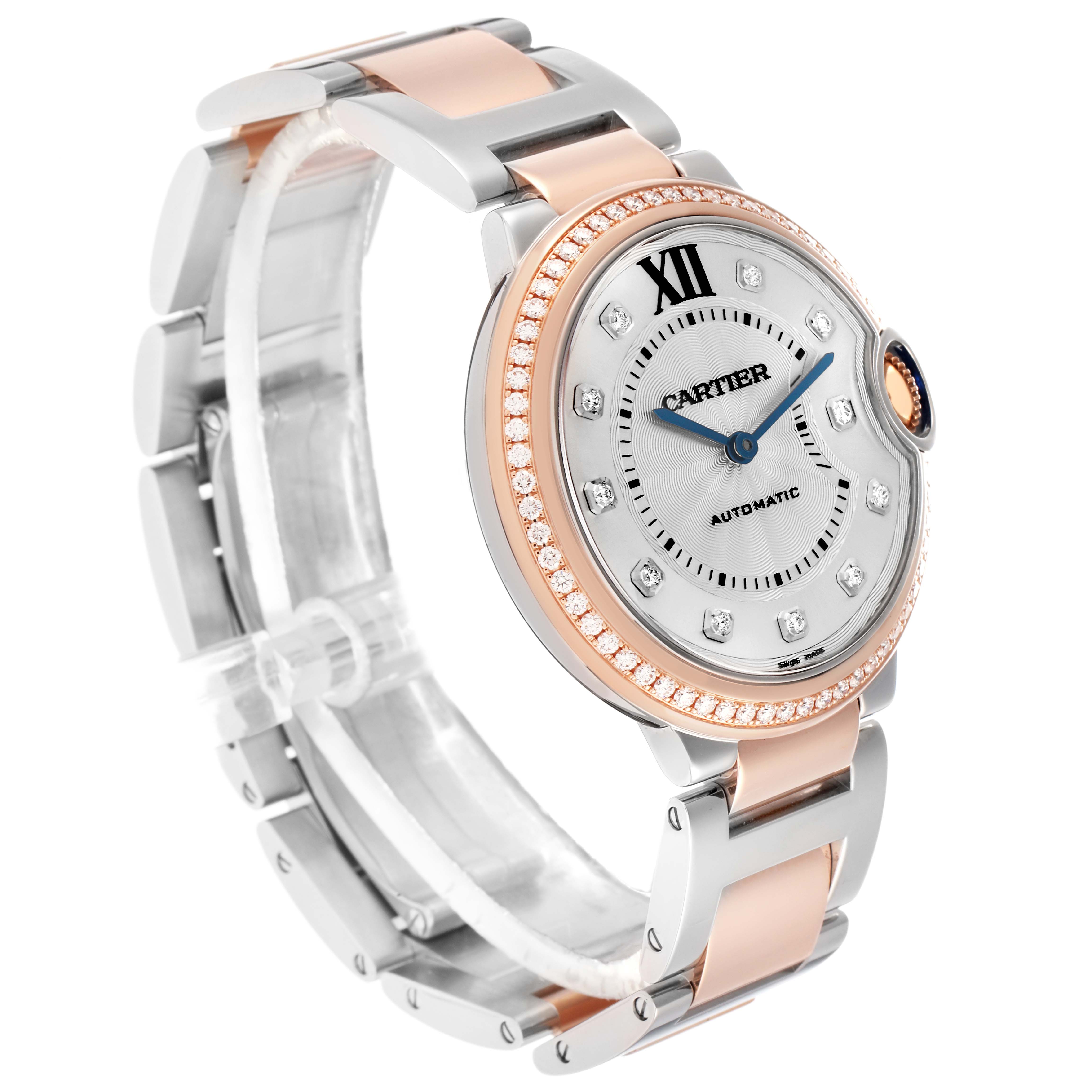 The image shows a Cartier Ballon Bleu, model W3BB0004, from a three-quarter angle highlighting its face, crown, and two-tone bracelet.