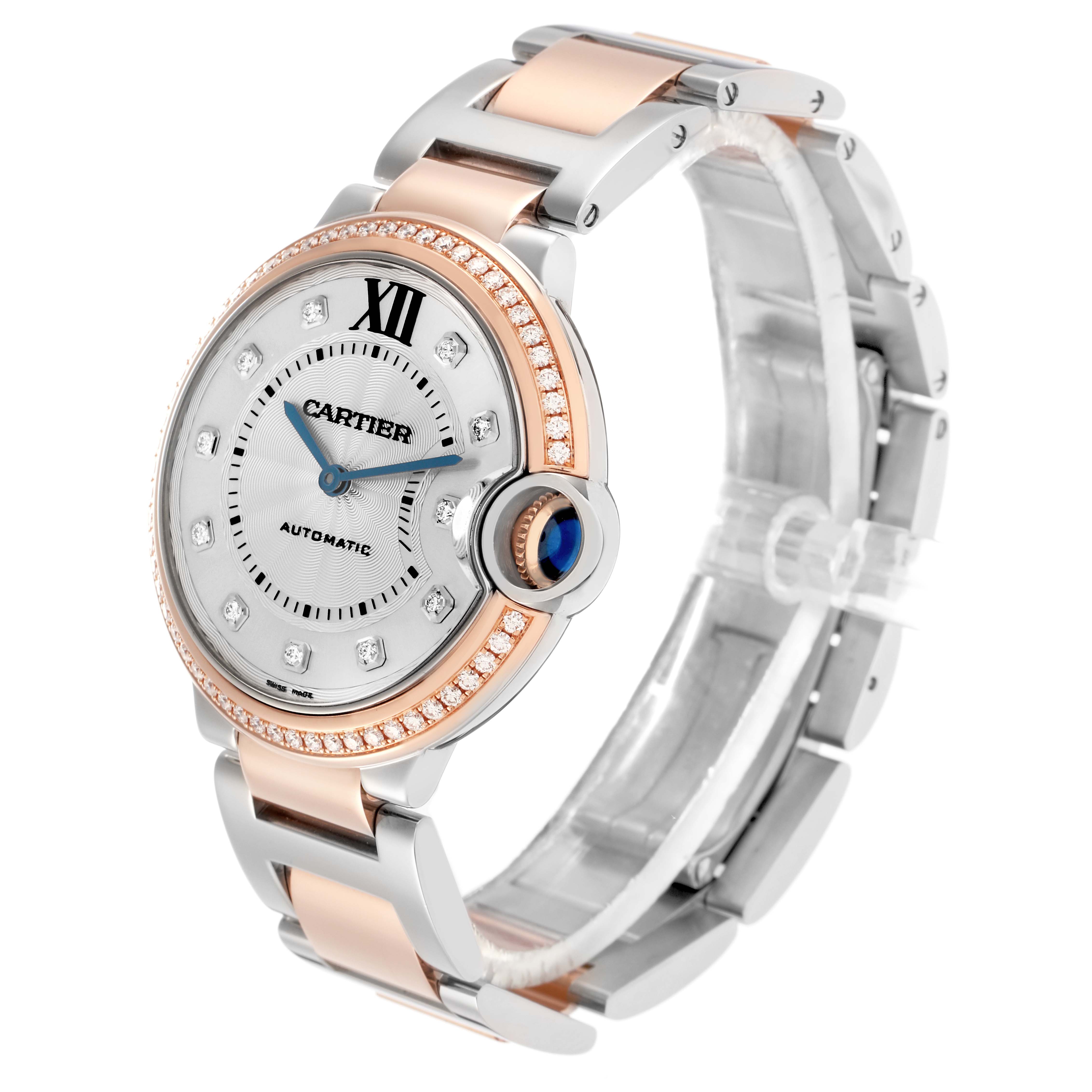 The Cartier Ballon Bleu W3BB0004 men's watch is shown in a three-quarter view, highlighting its bezel, dial, and bracelet.