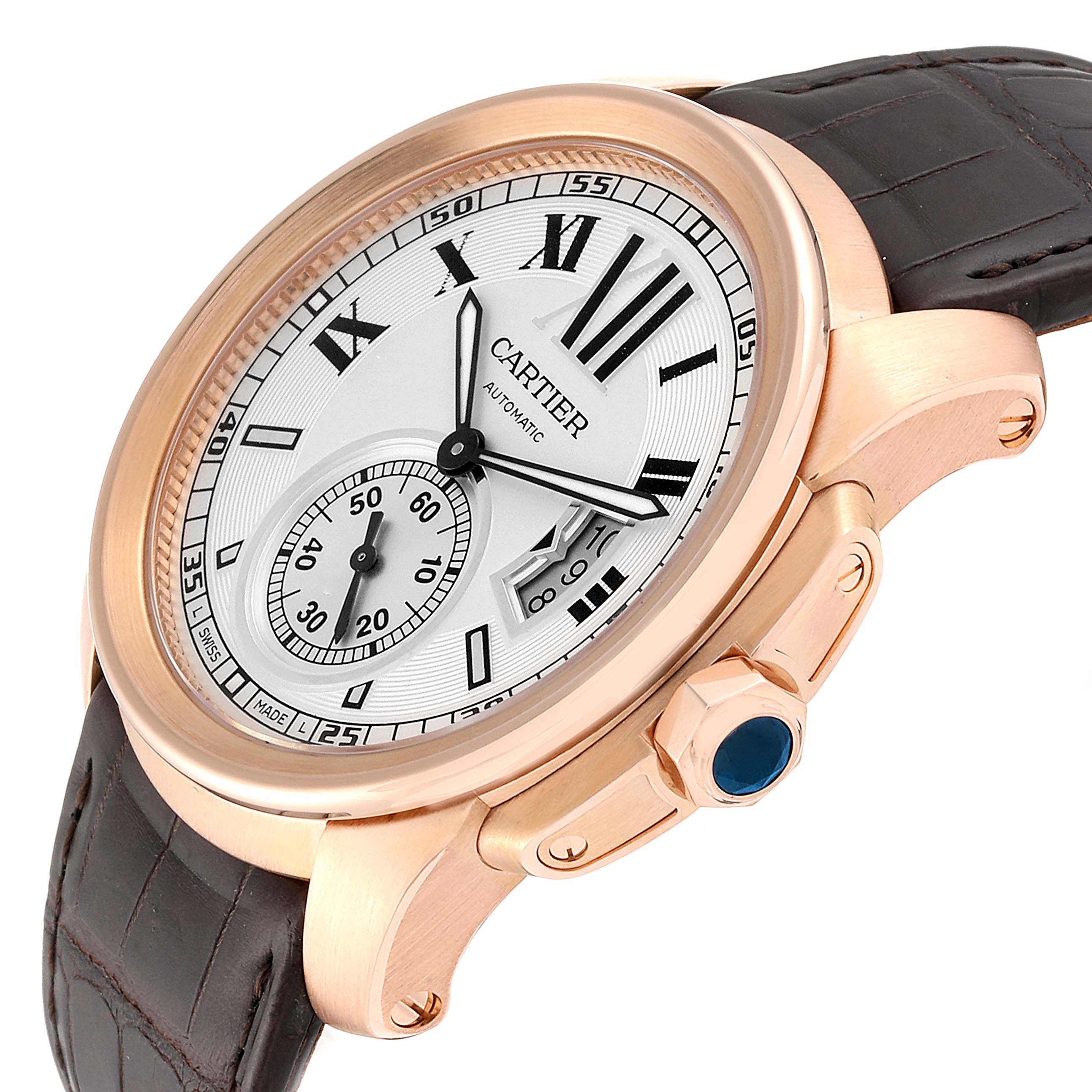 This image shows a Calibre de Cartier by Cartier from a side angle, highlighting the watch face, crown, and leather strap.