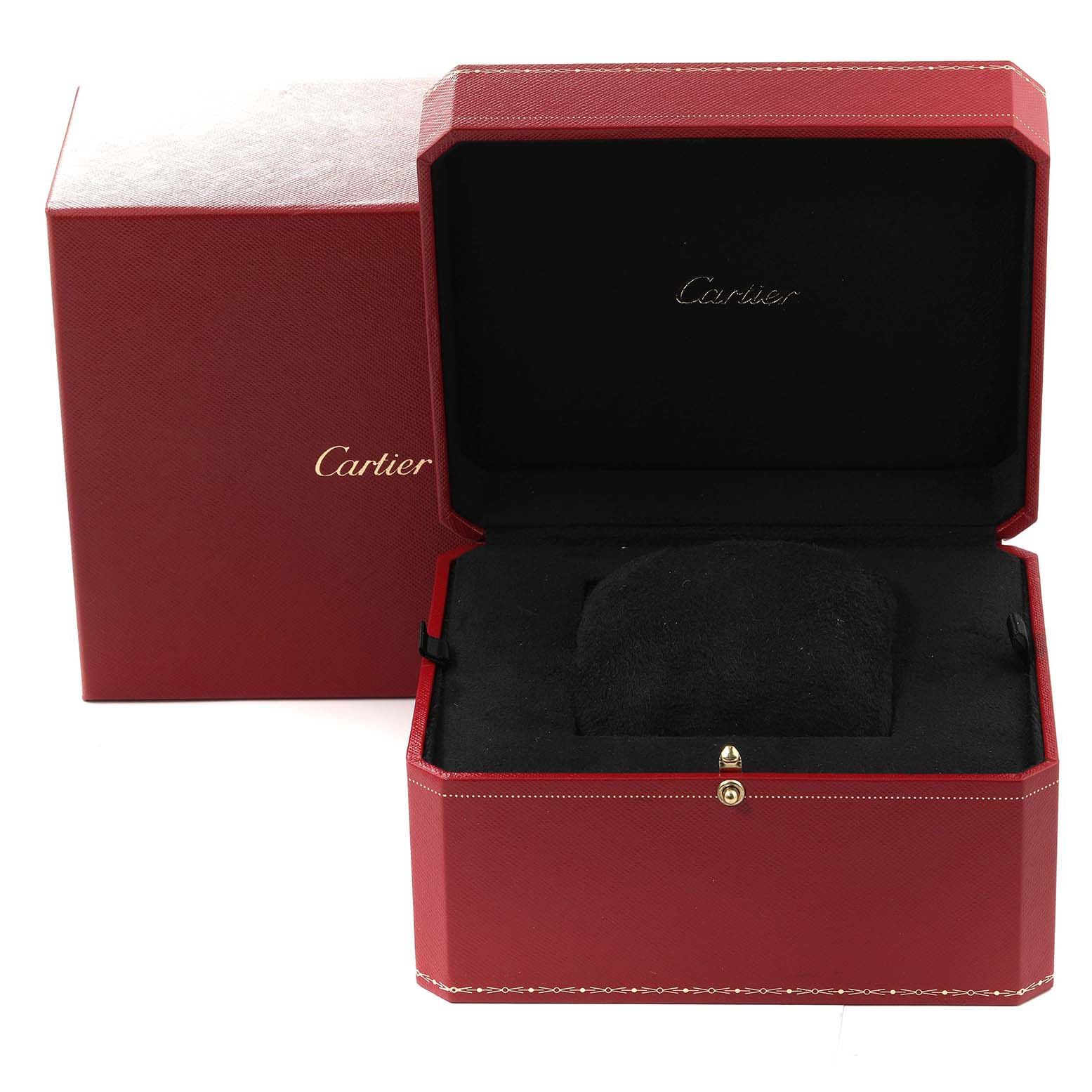 The image shows an open Cartier Delices WG800013 Women
s Rose Gold Silver Dial WG800013 Women
s Rose Gold Silver Dial watch box and its outer packaging from a straight-on angle.