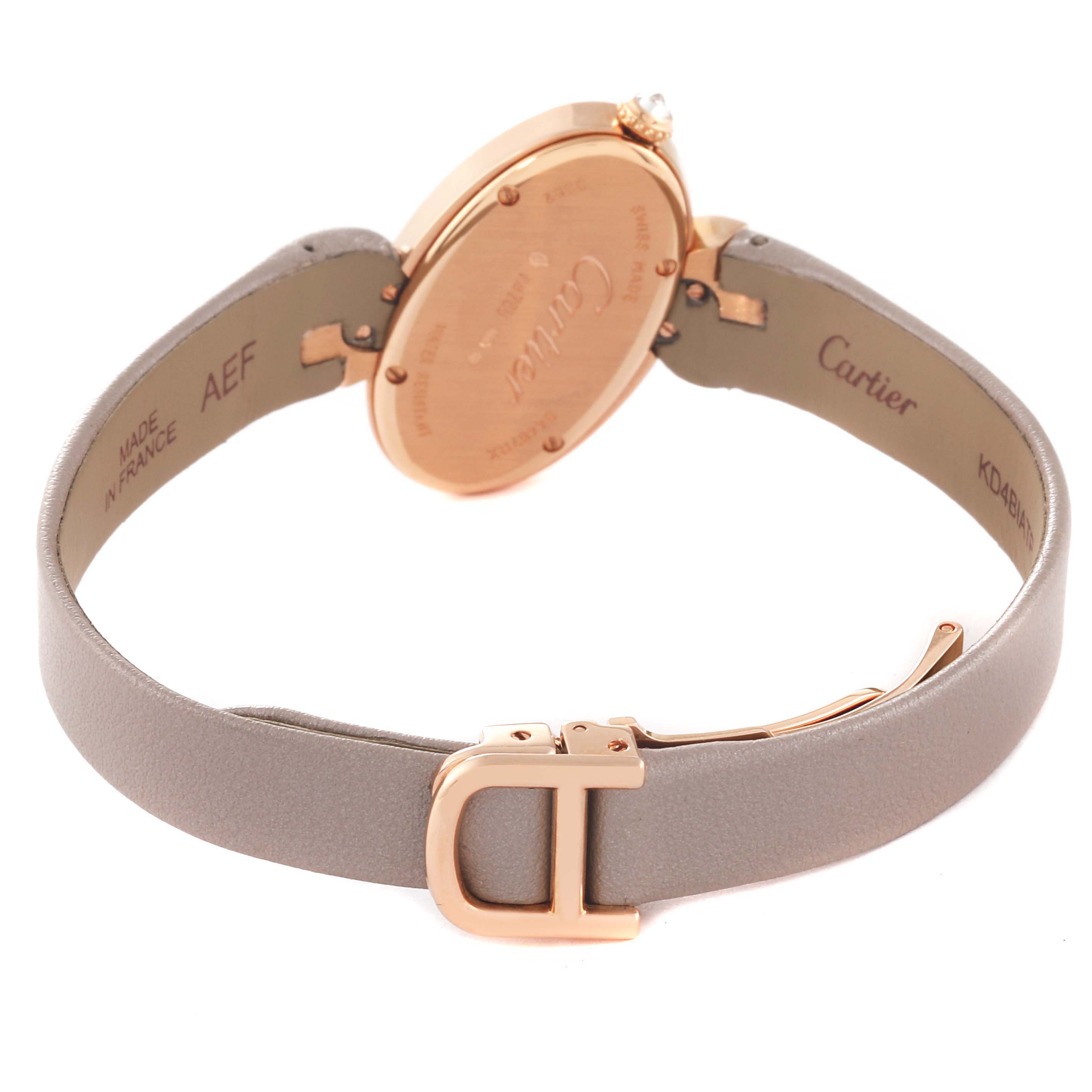 This image shows the back view of the Cartier Delices WG800013 Women
s Rose Gold Silver Dial WG800013 Women
s Rose Gold Silver Dial watch, highlighting its case back, strap, and buckle.