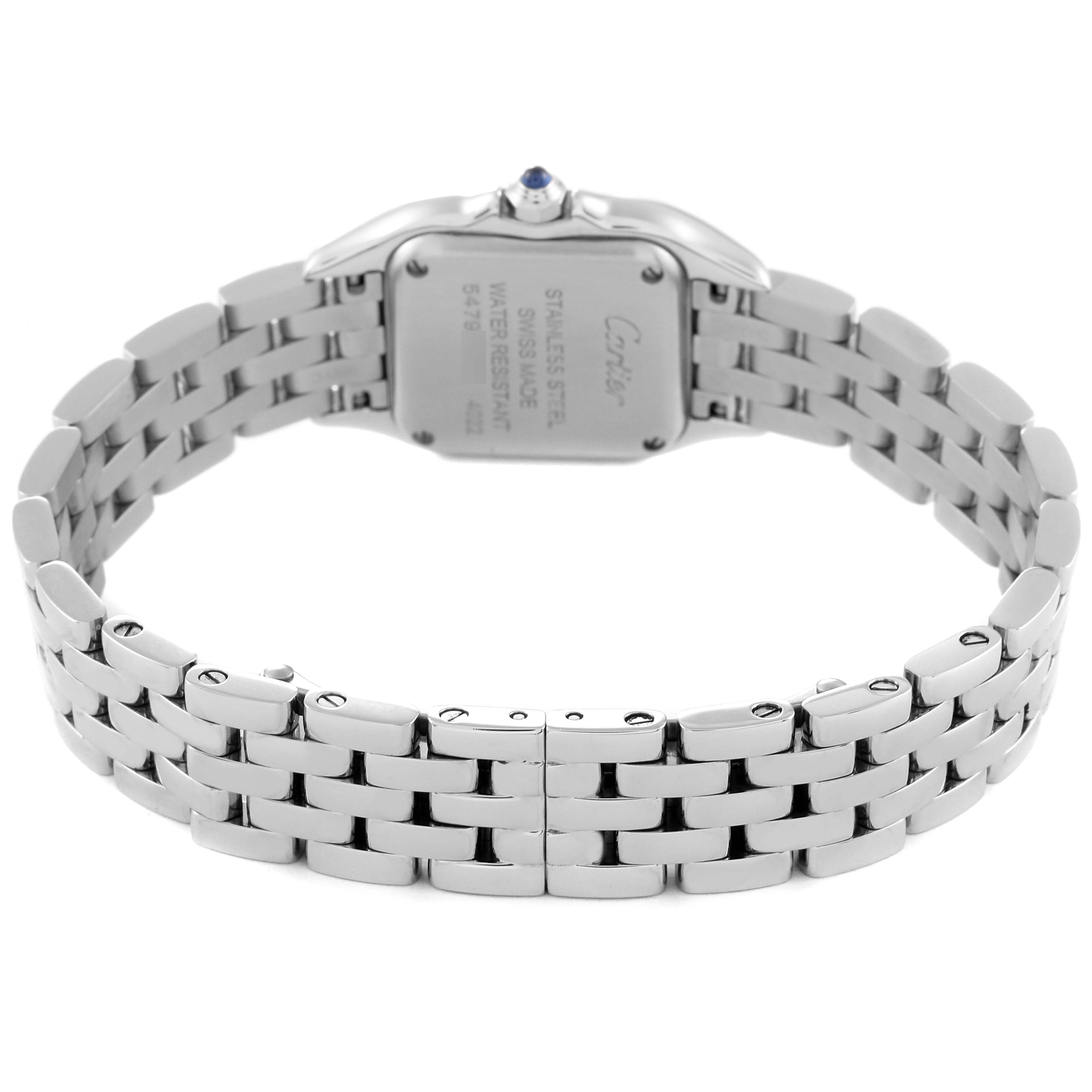 The image displays the back view of a Cartier Panthere W4PN0007 Women's Stainless Steel Silver Dial W4PN0007 Women's Stainless Steel Silver Dial watch, highlighting its stainless steel case and bracelet.