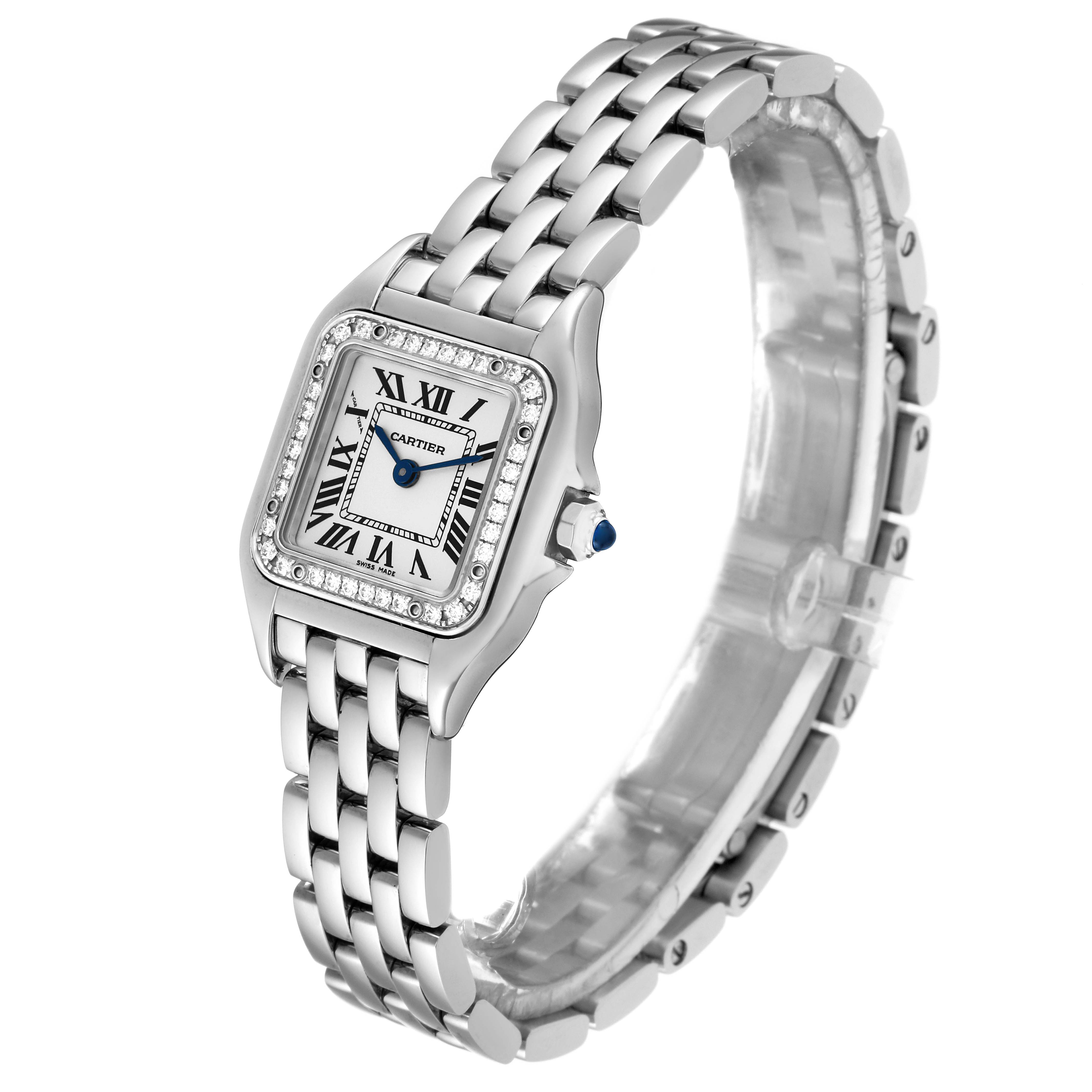 The Cartier Panthere W4PN0007 Women's Stainless Steel Silver Dial W4PN0007 Women's Stainless Steel Silver Dial model watch is shown at a slight angle, highlighting the face, bezel, and metal bracelet.