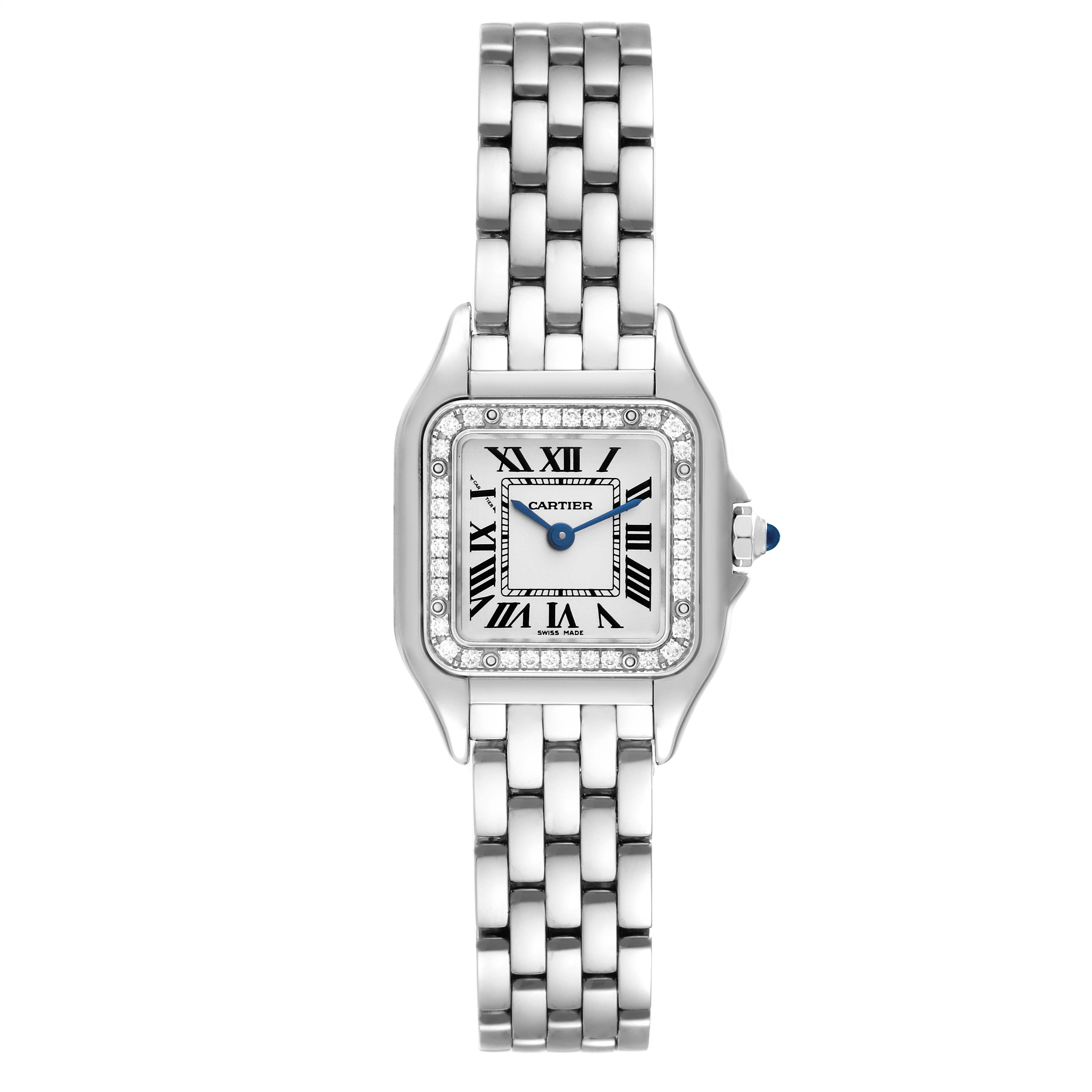 The image shows a front view of a Cartier Panthere W4PN0007 Women's Stainless Steel Silver Dial W4PN0007 Women's Stainless Steel Silver Dial watch featuring a square face with Roman numerals and a metal bracelet.