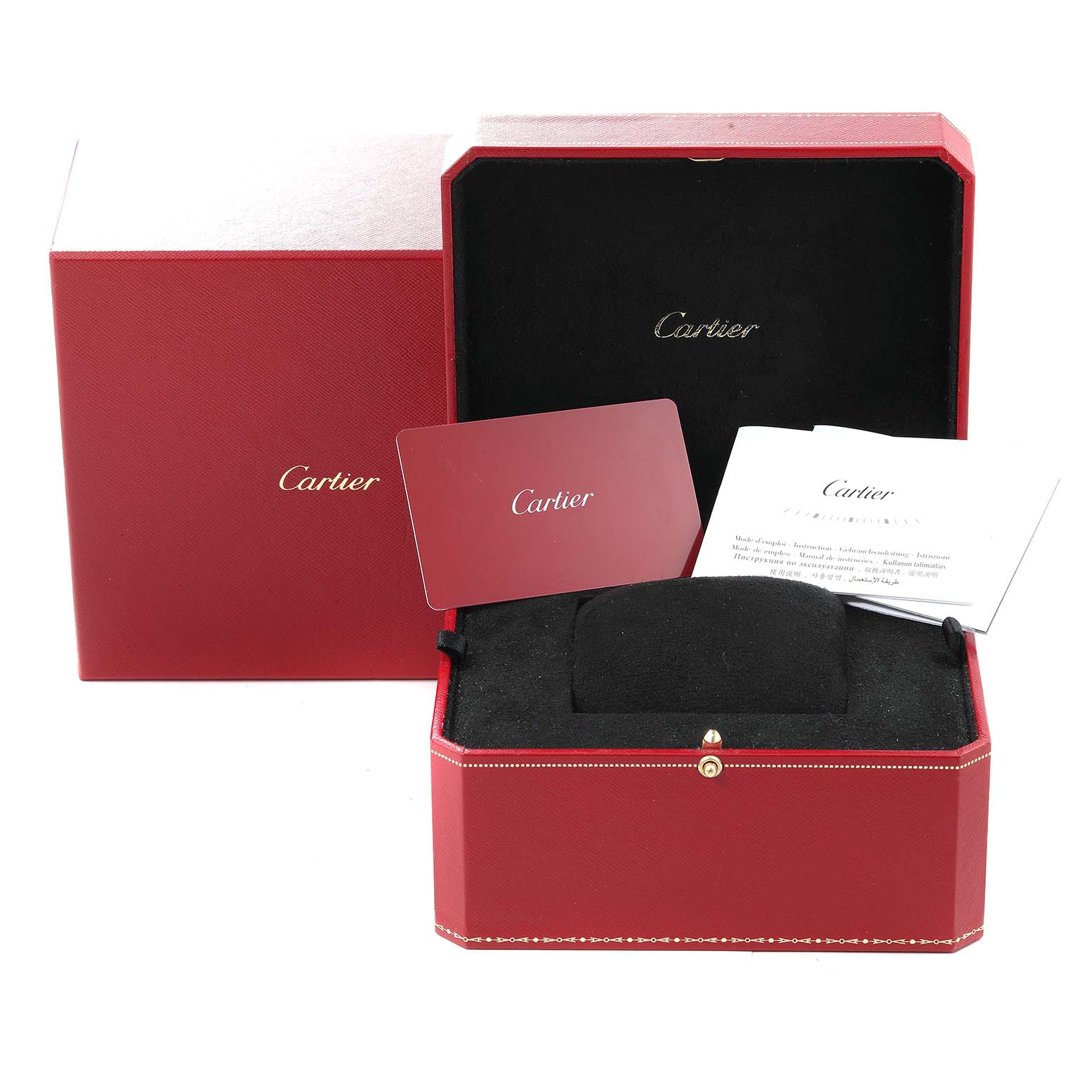 This image shows Cartier Panthere W2PN0006 Women's Steel and Gold (two tone) Silver Dial W2PN0006 Women's Steel and Gold (two tone) Silver Dial watch accessories, including a red box, cushion, warranty card, and booklet.