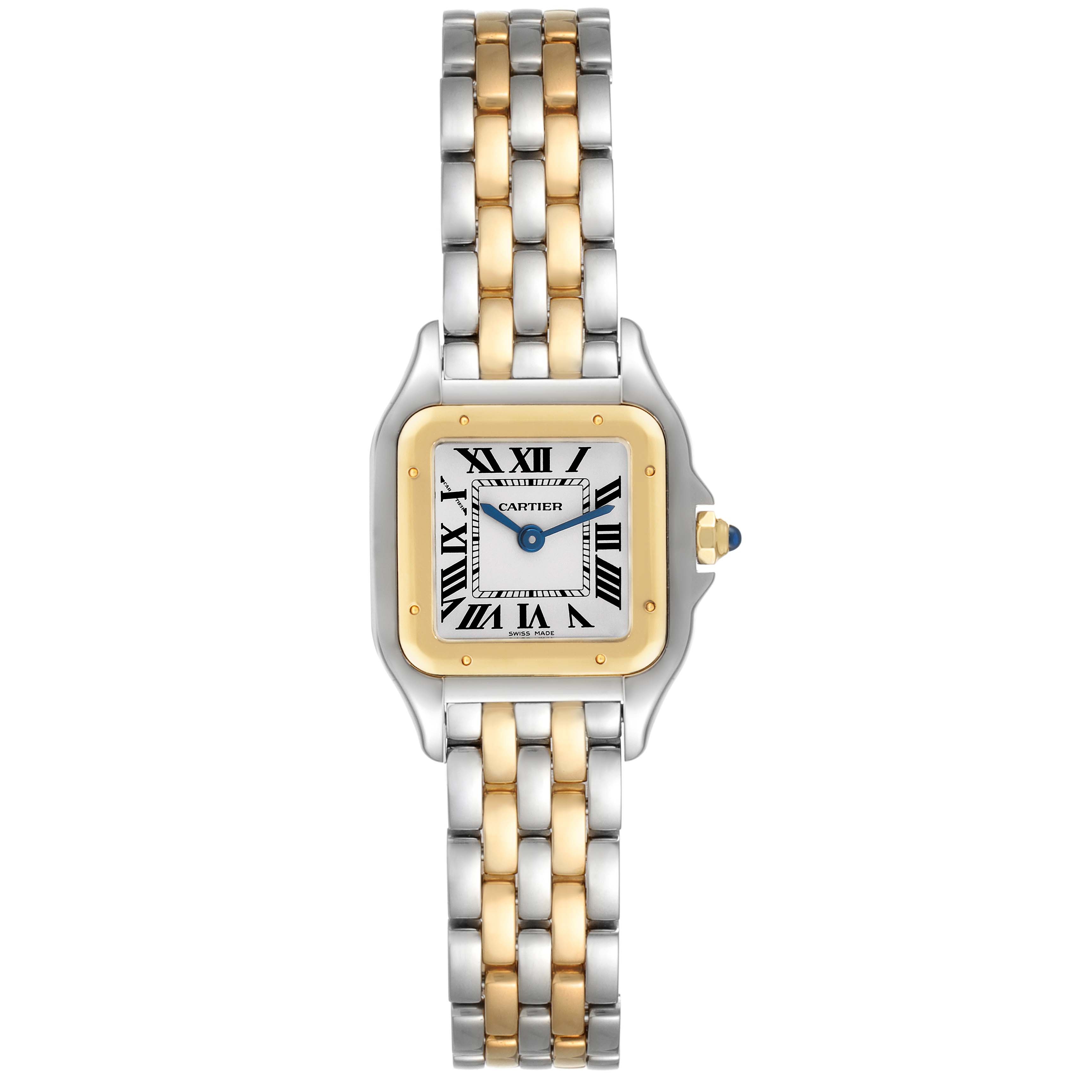 The image shows a Cartier Panthere W2PN0006 Women's Steel and Gold (two tone) Silver Dial W2PN0006 Women's Steel and Gold (two tone) Silver Dial watch from a top view, highlighting the face, bracelet, and crown.