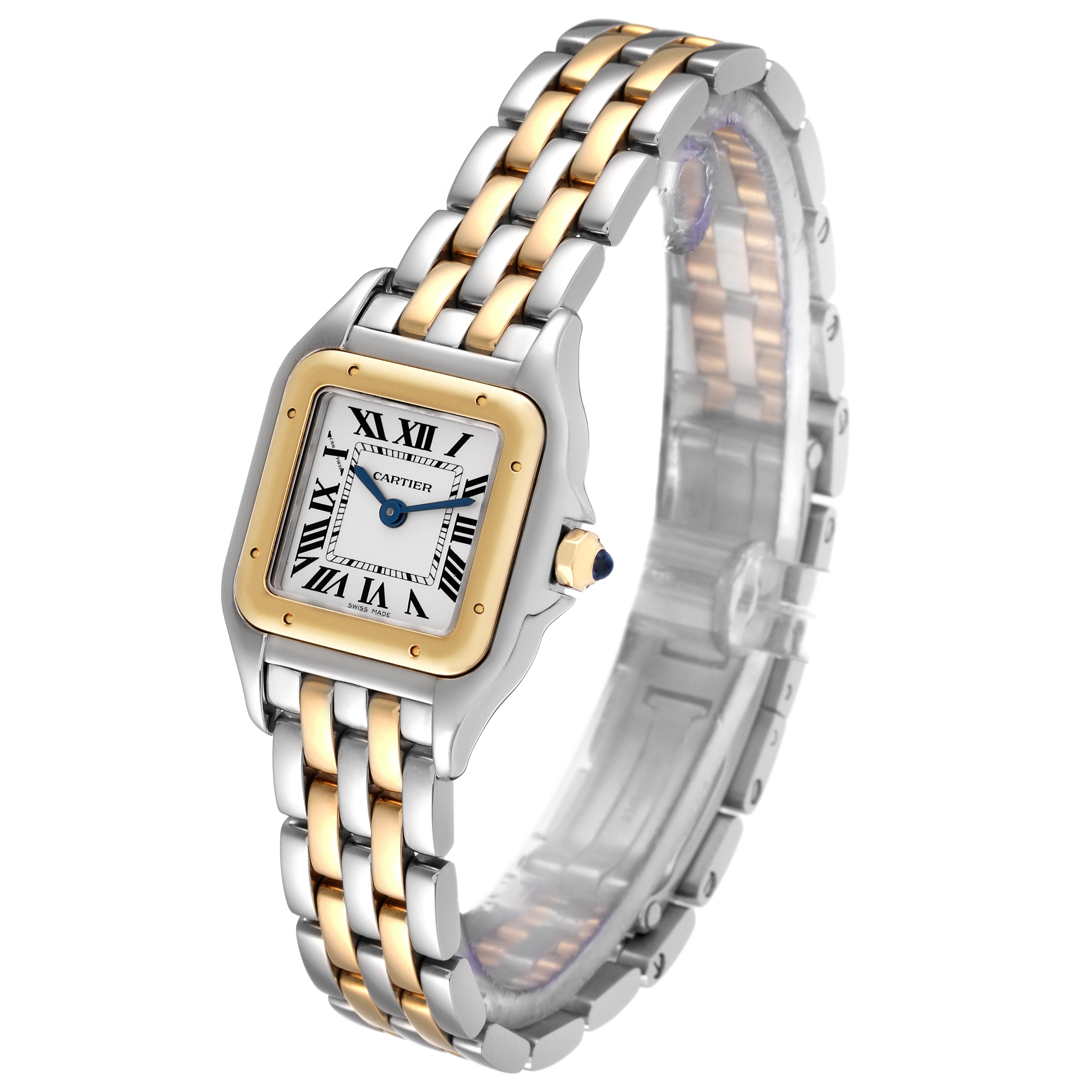 The image shows a side view of a Cartier Panthere W2PN0006 Women's Steel and Gold (two tone) Silver Dial W2PN0006 Women's Steel and Gold (two tone) Silver Dial watch, highlighting its two-tone bracelet and square face.