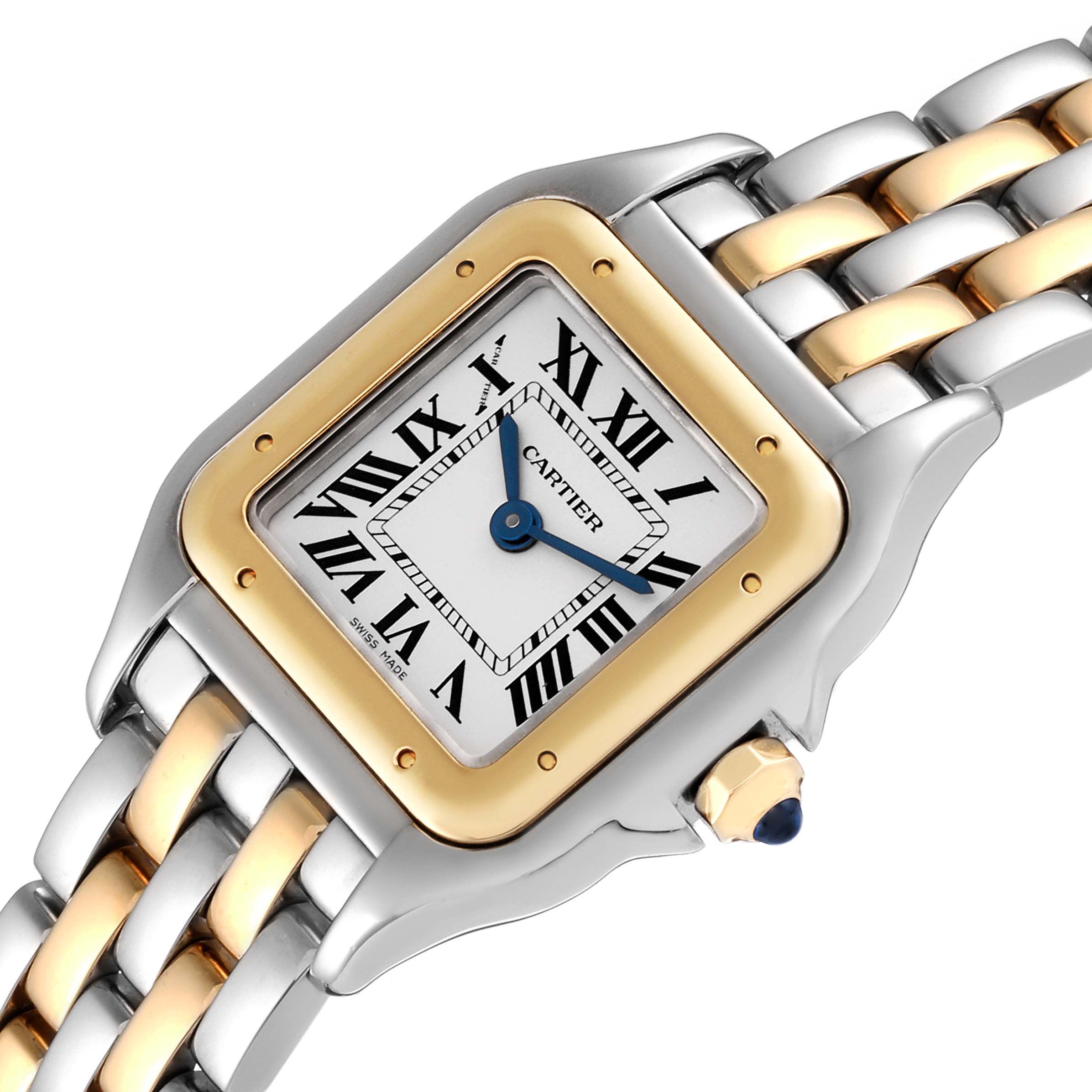 The image shows a close-up of the Cartier Panthere W2PN0006 Women's Steel and Gold (two tone) Silver Dial W2PN0006 Women's Steel and Gold (two tone) Silver Dial watch, highlighting the dial, bezel, and two-tone bracelet.