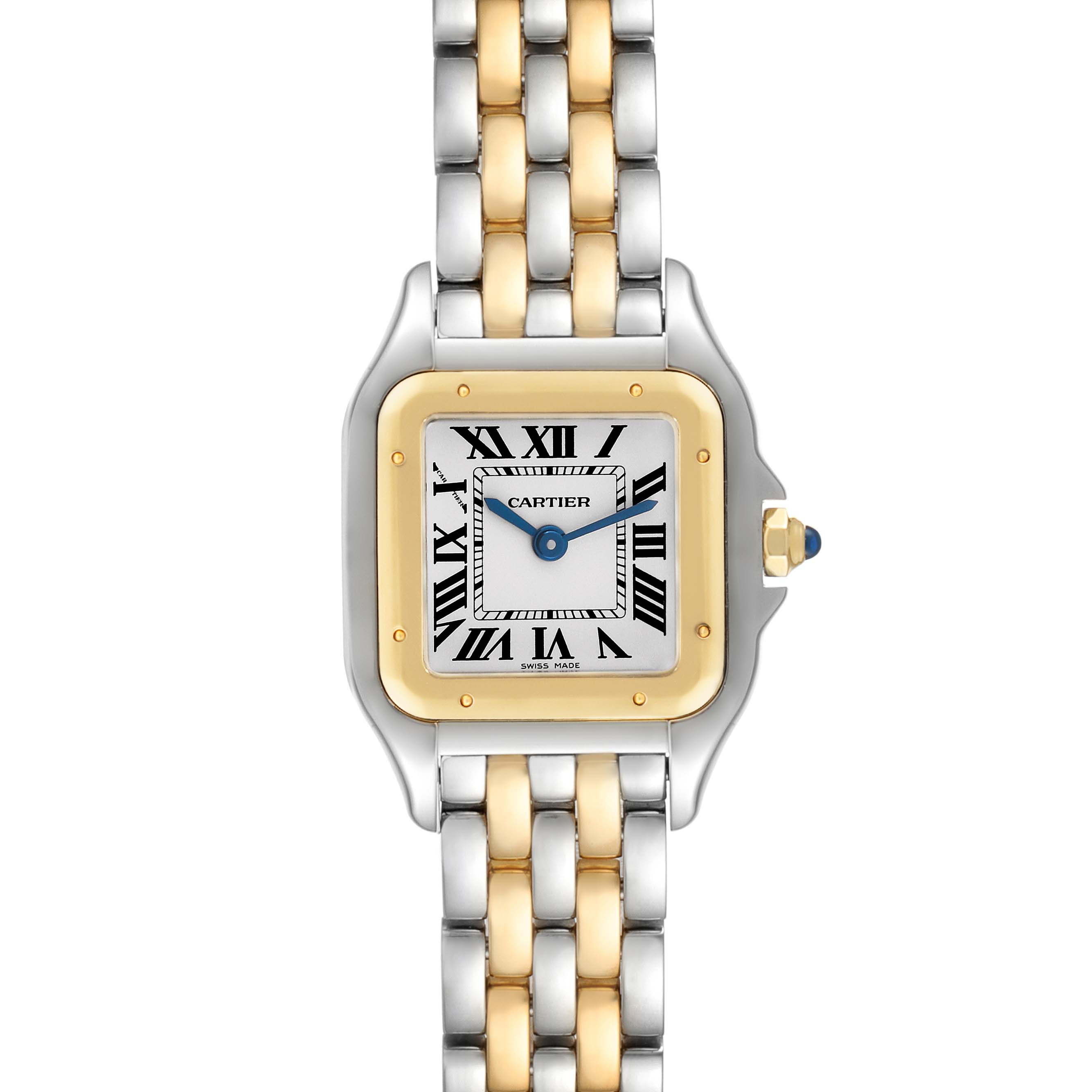 The image shows a front view of a Cartier Panthere W2PN0006 Women's Steel and Gold (two tone) Silver Dial W2PN0006 Women's Steel and Gold (two tone) Silver Dial watch, displaying its dial, bezel, and two-tone bracelet.
