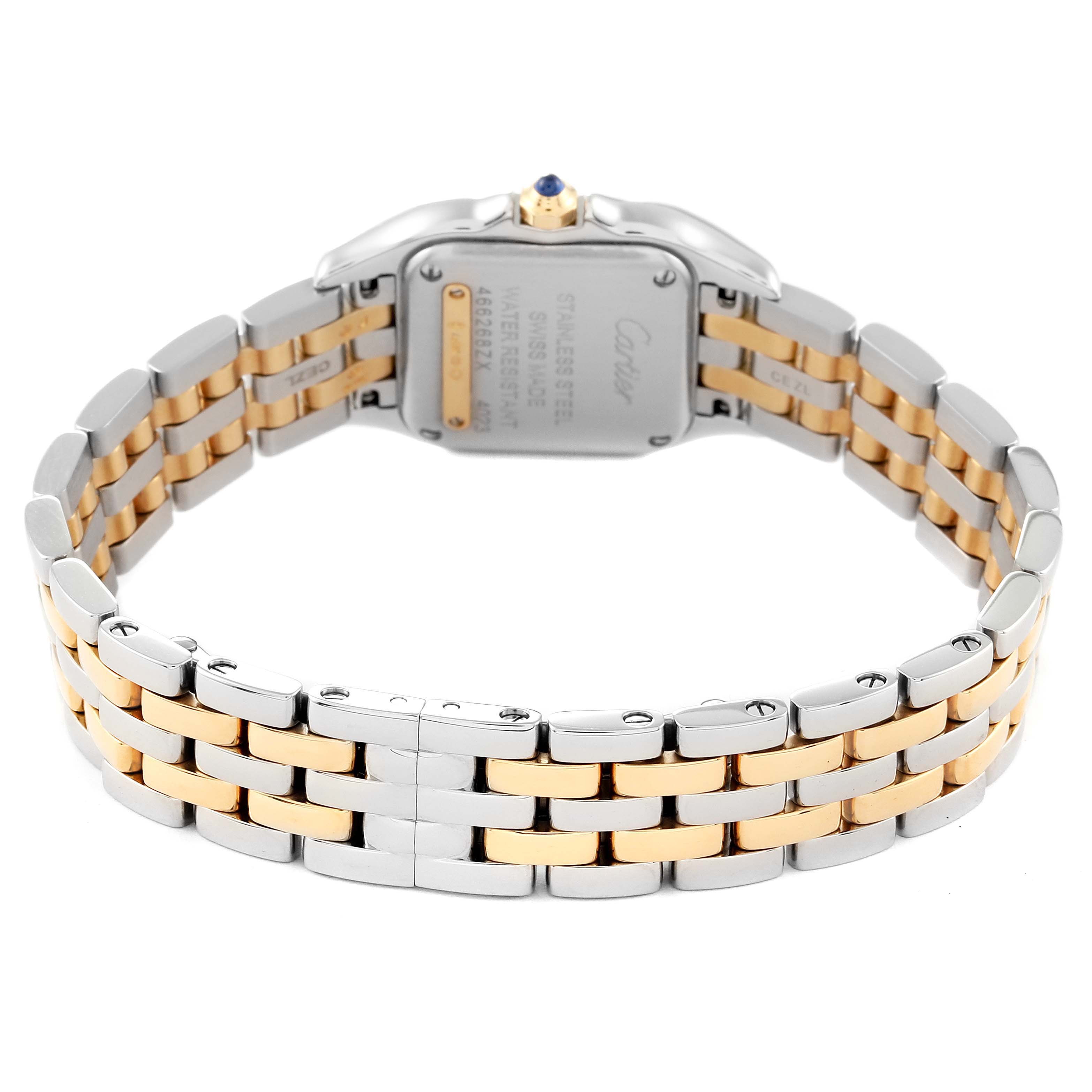 The image shows the back view of a Cartier Panthere W2PN0006 Women's Steel and Gold (two tone) Silver Dial W2PN0006 Women's Steel and Gold (two tone) Silver Dial watch, highlighting its stainless steel and gold bracelet.