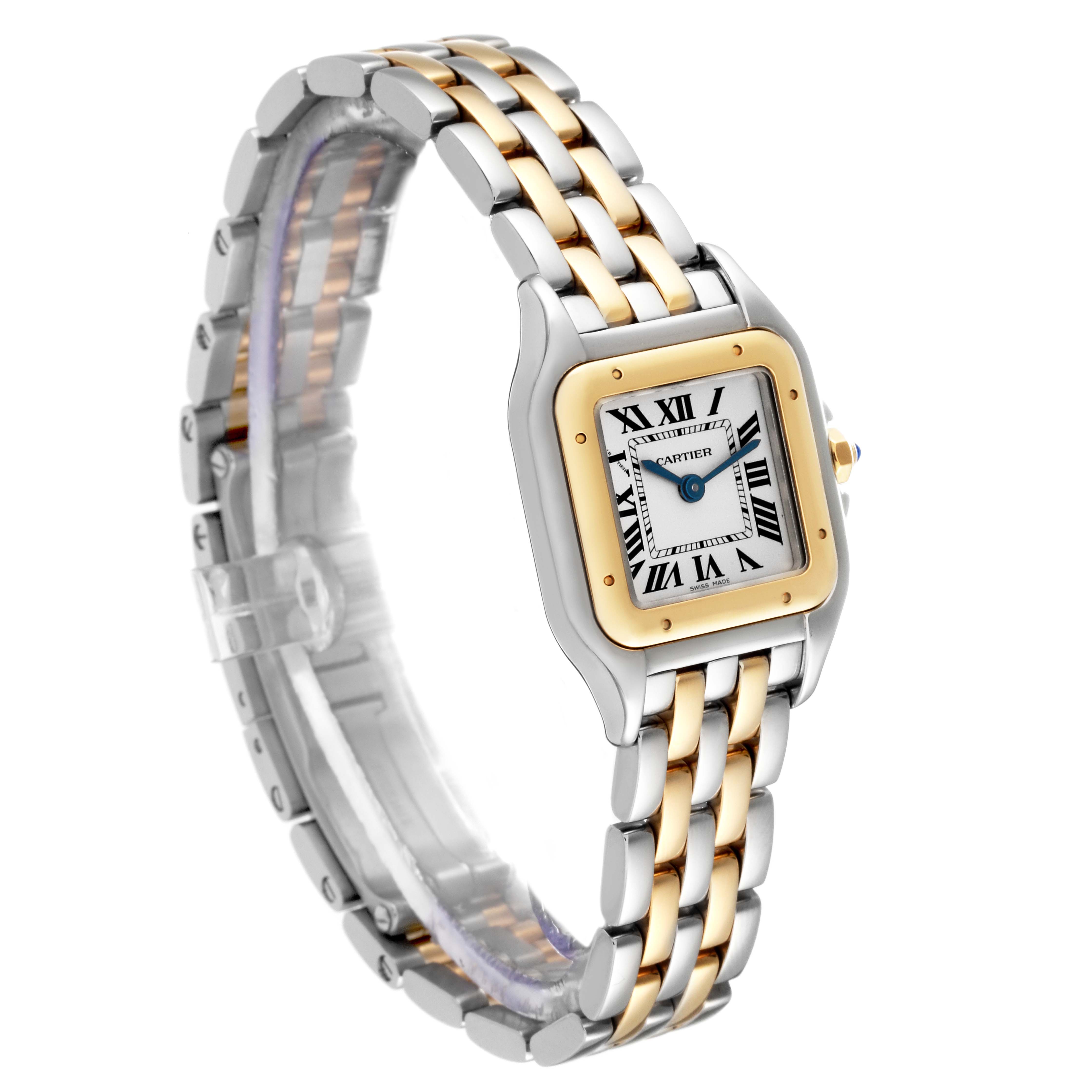 This image shows a Panthere model by Cartier at a three-quarter angle, highlighting its two-tone bracelet and square face with Roman numerals.