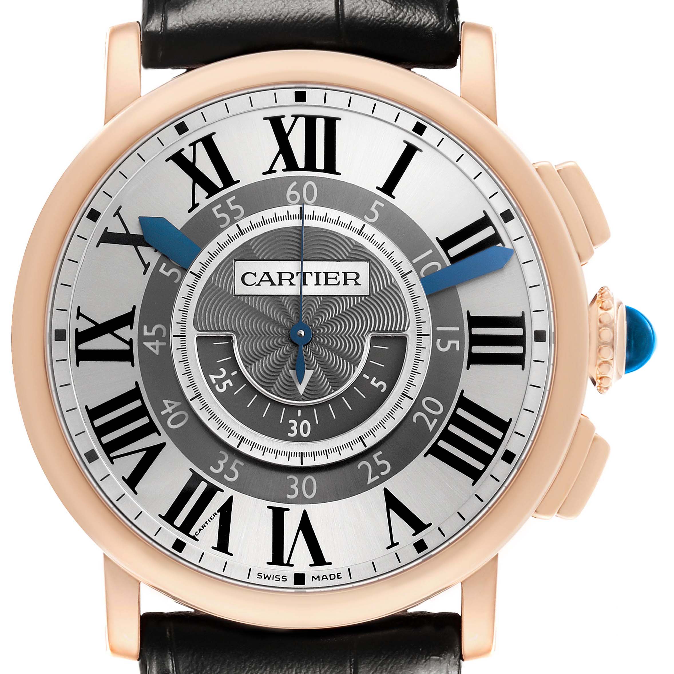 The Cartier Rotonde W1555951 Men's Rose Gold Silver Dial watch is shown in a front view, highlighting the dial, hands, crown, and Roman numerals.