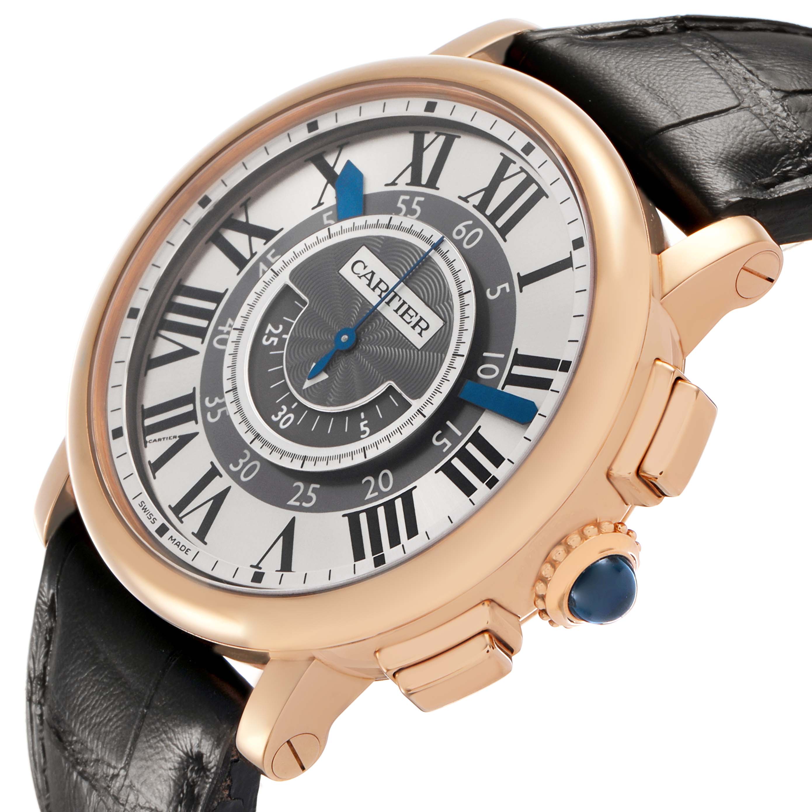The Cartier Rotonde W1555951 Men's Rose Gold Silver Dial watch is shown at a side angle, highlighting the case, dial, crown, and part of the leather strap.