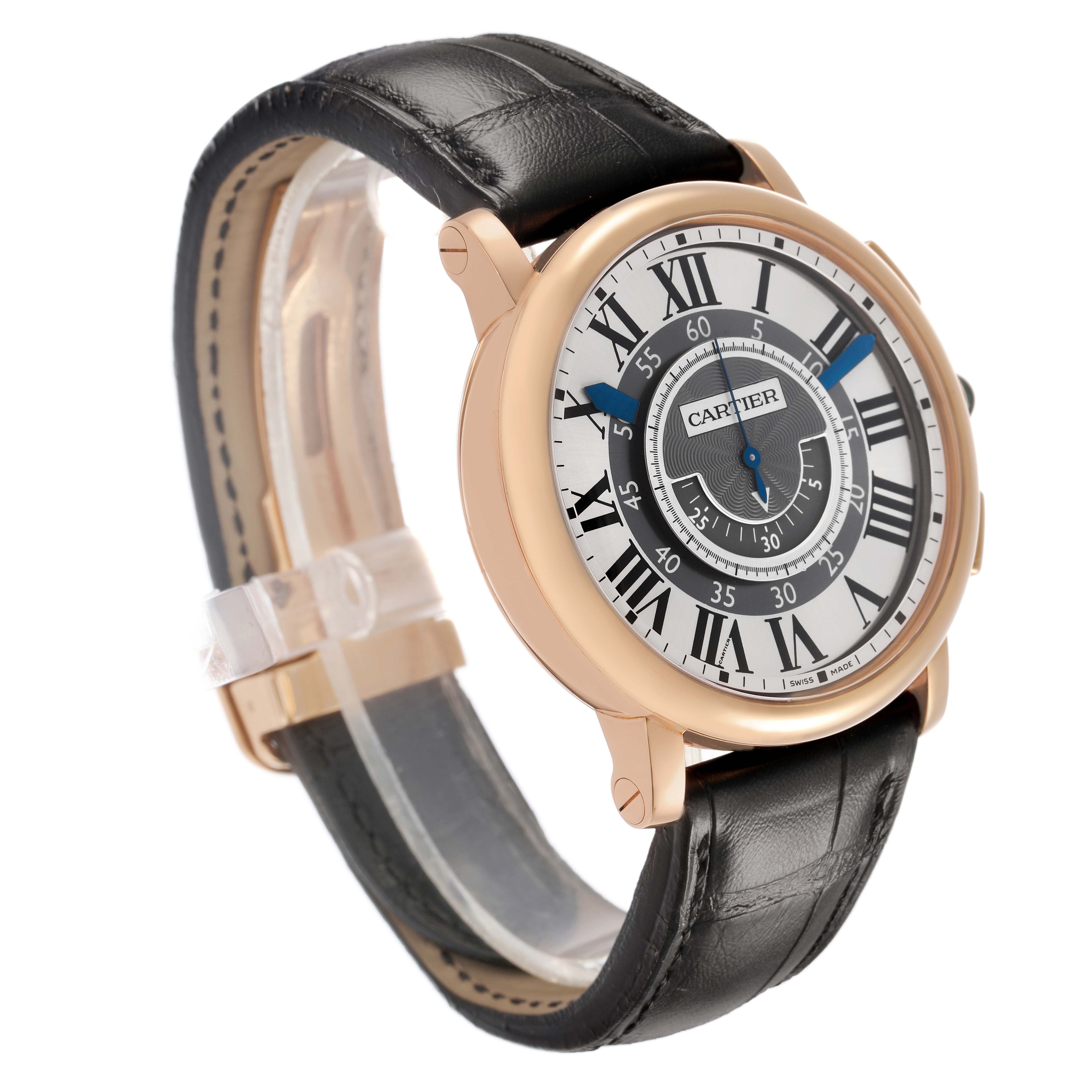 The image shows a Cartier Rotonde W1555951 Men's Rose Gold Silver Dial watch at a three-quarter angle, highlighting the face, case, and black leather strap.