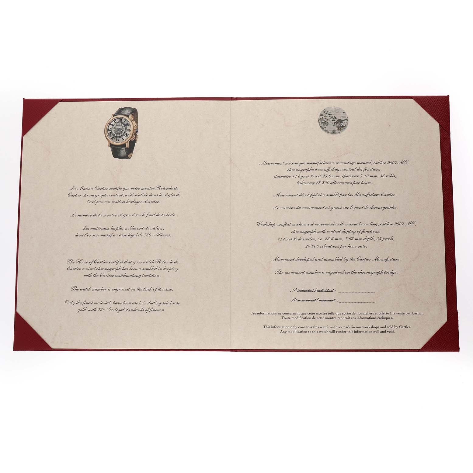 The image features a Rotonde de Cartier watch illustration on a certificate, showing the front view.