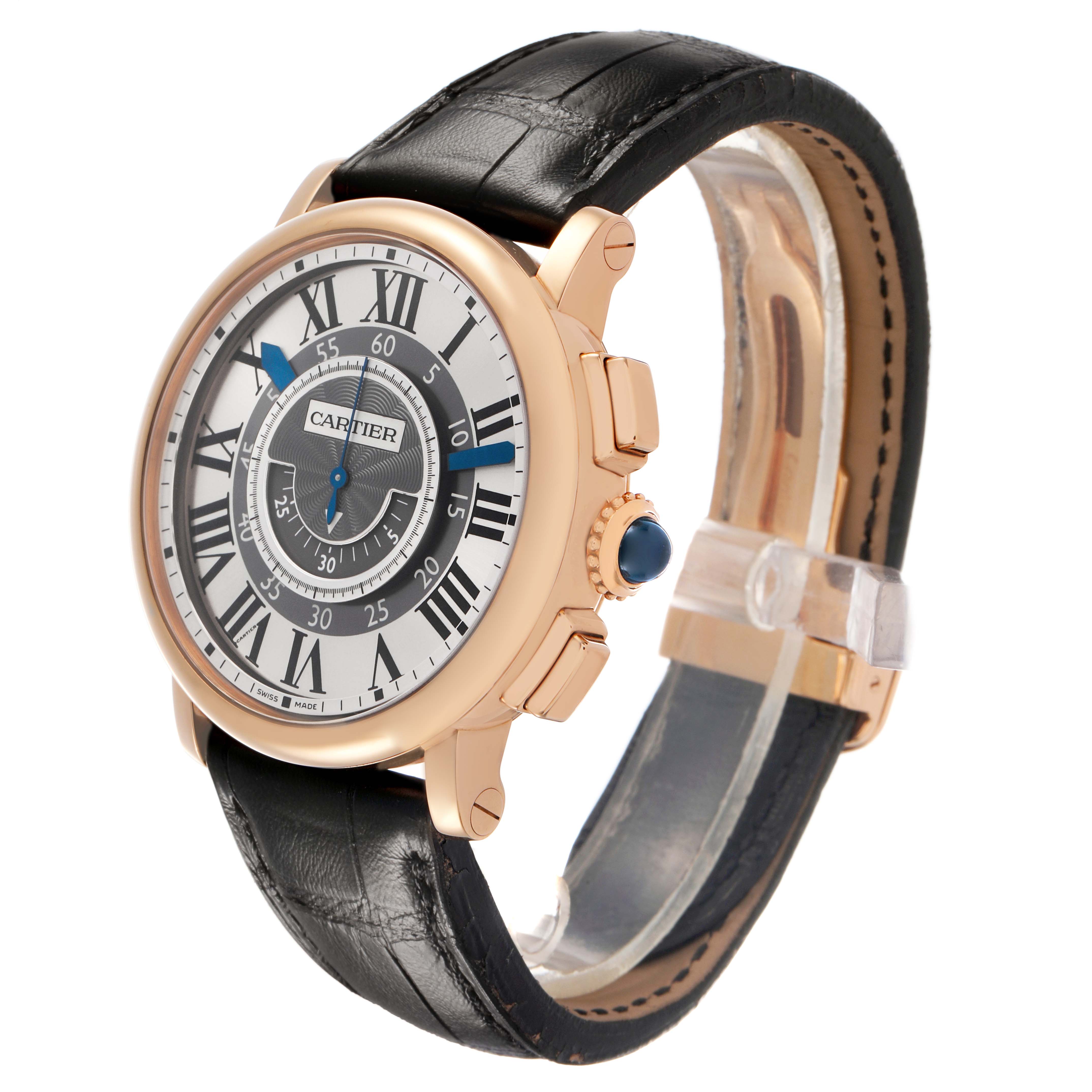 The Cartier Rotonde W1555951 Men's Rose Gold Silver Dial watch is shown from a three-quarter angle, displaying its face, case, crown, and leather strap.