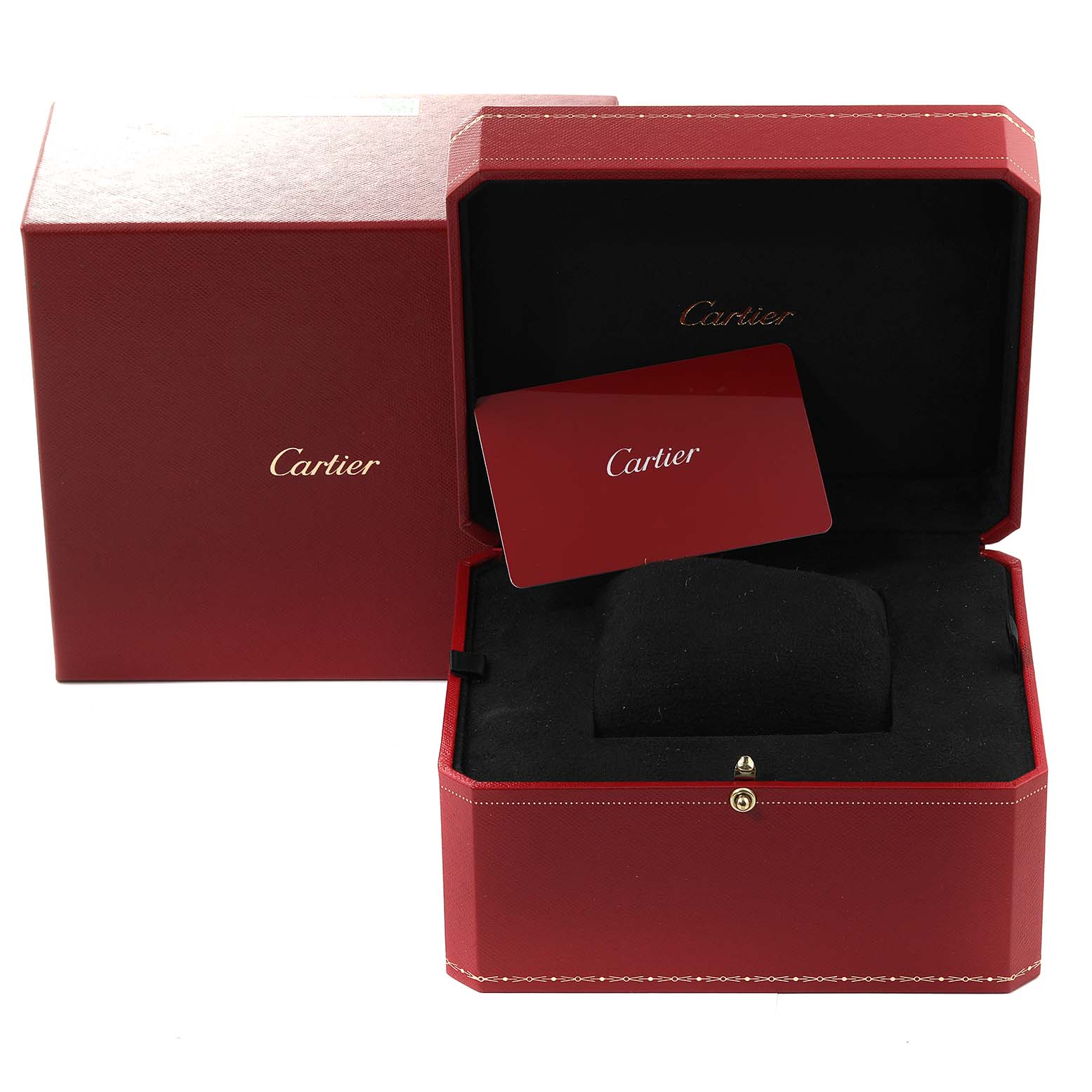 The image shows the open red and black Cartier Santos WJSA0017 Women's Rose Gold Silver Dial WJSA0017 Women's Rose Gold Silver Dial watch box with a red Cartier card and outer box.