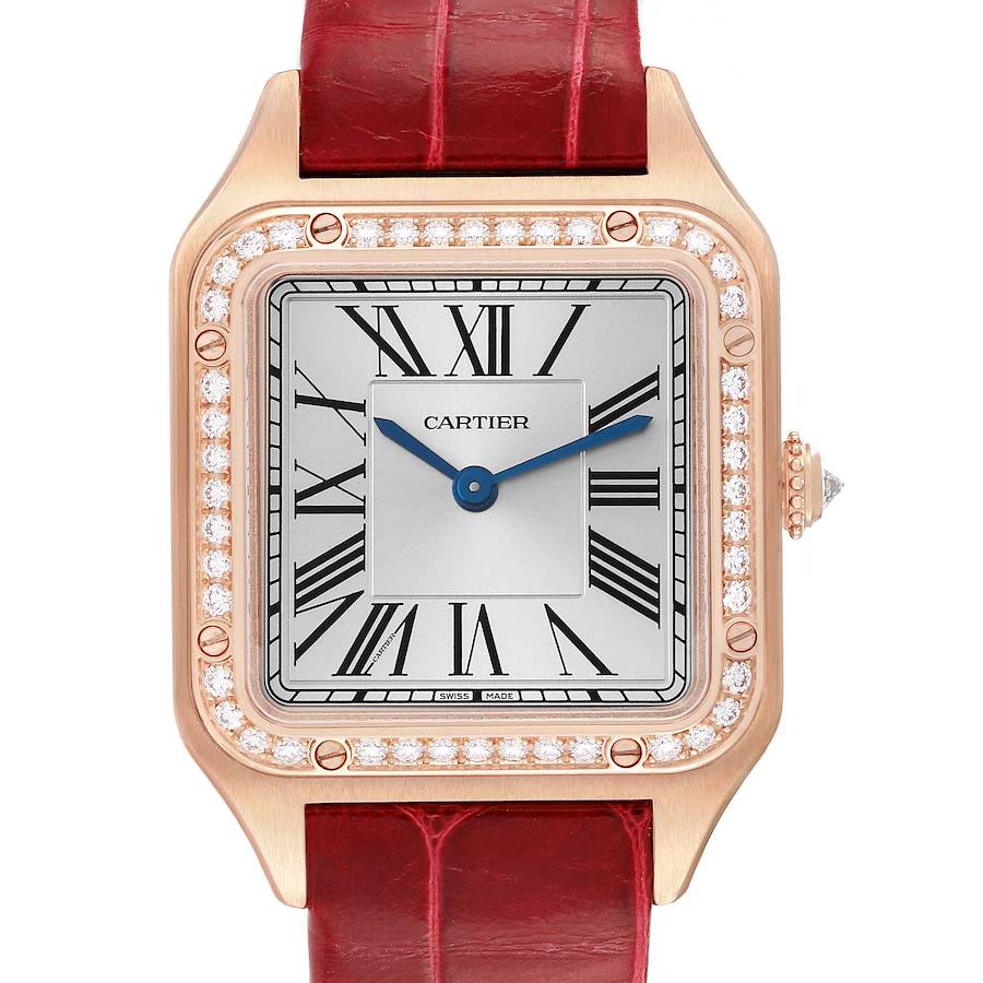 Cartier Santos Dumont 18k Rose Diamond Bezel Ladies Watch WJSA0017 Card SwissWatchExpo