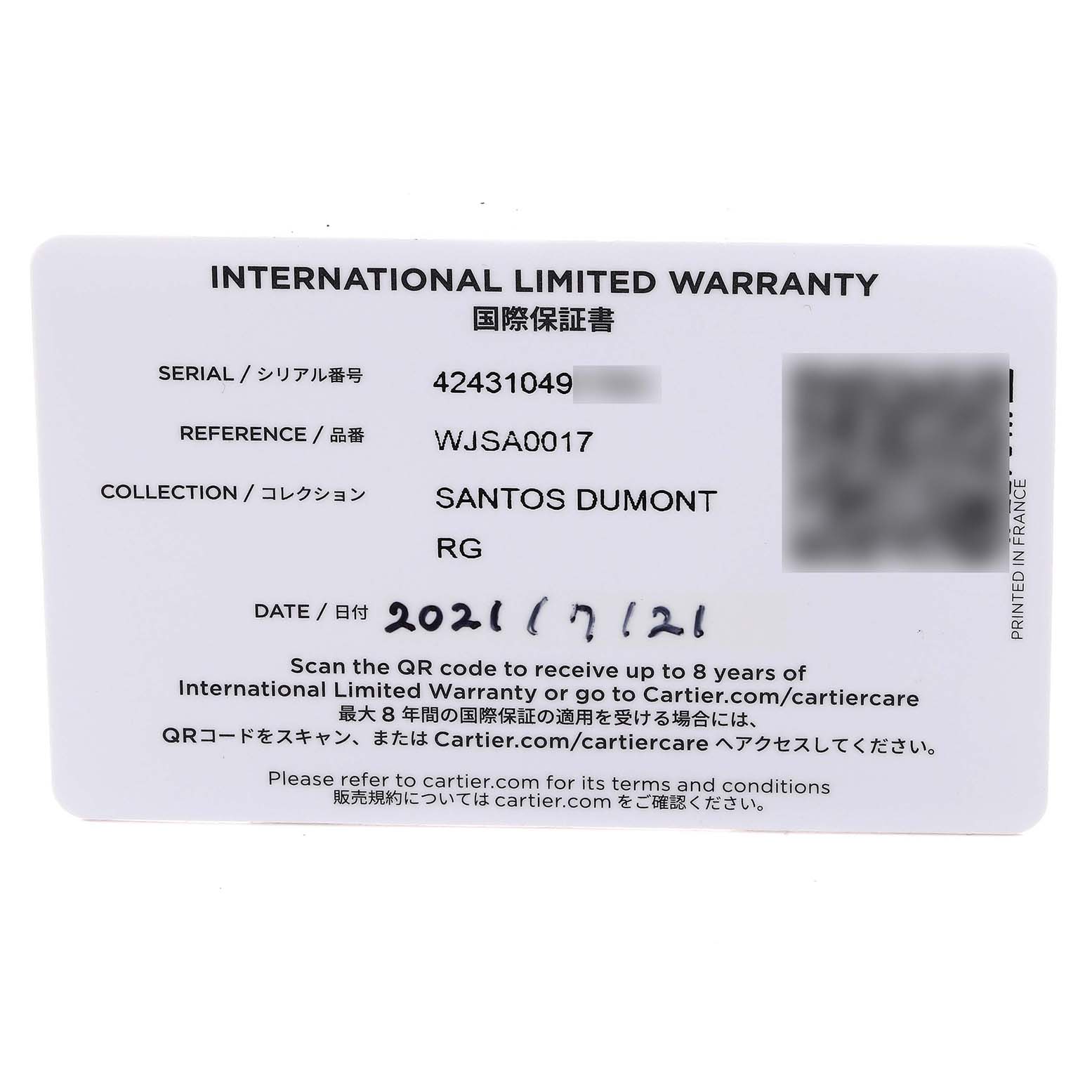 The image shows an international limited warranty card for the Santos Dumont model by Cartier.