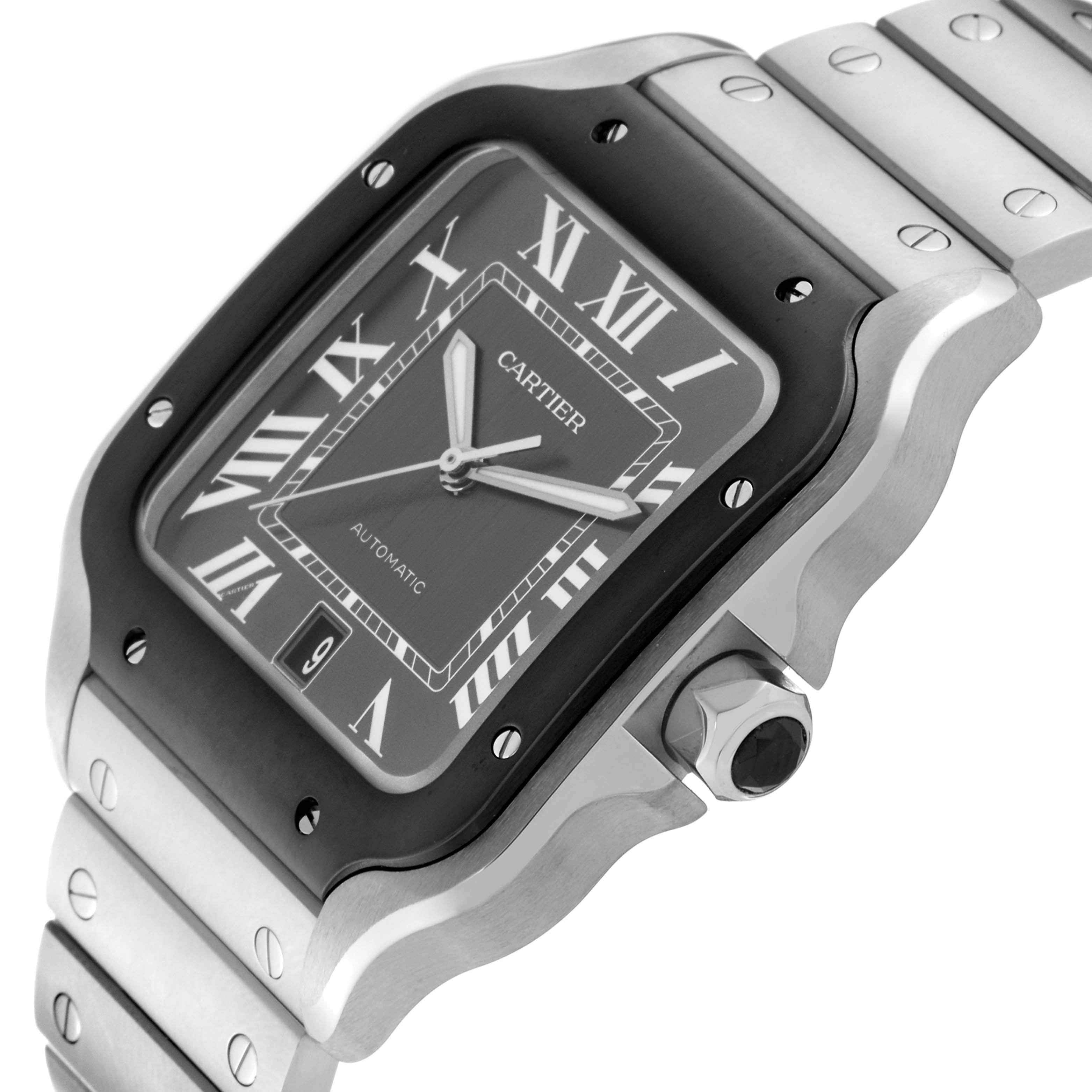 This is an angled close-up of the Santos de Cartier watch, showcasing its face, bezel, and part of the bracelet.