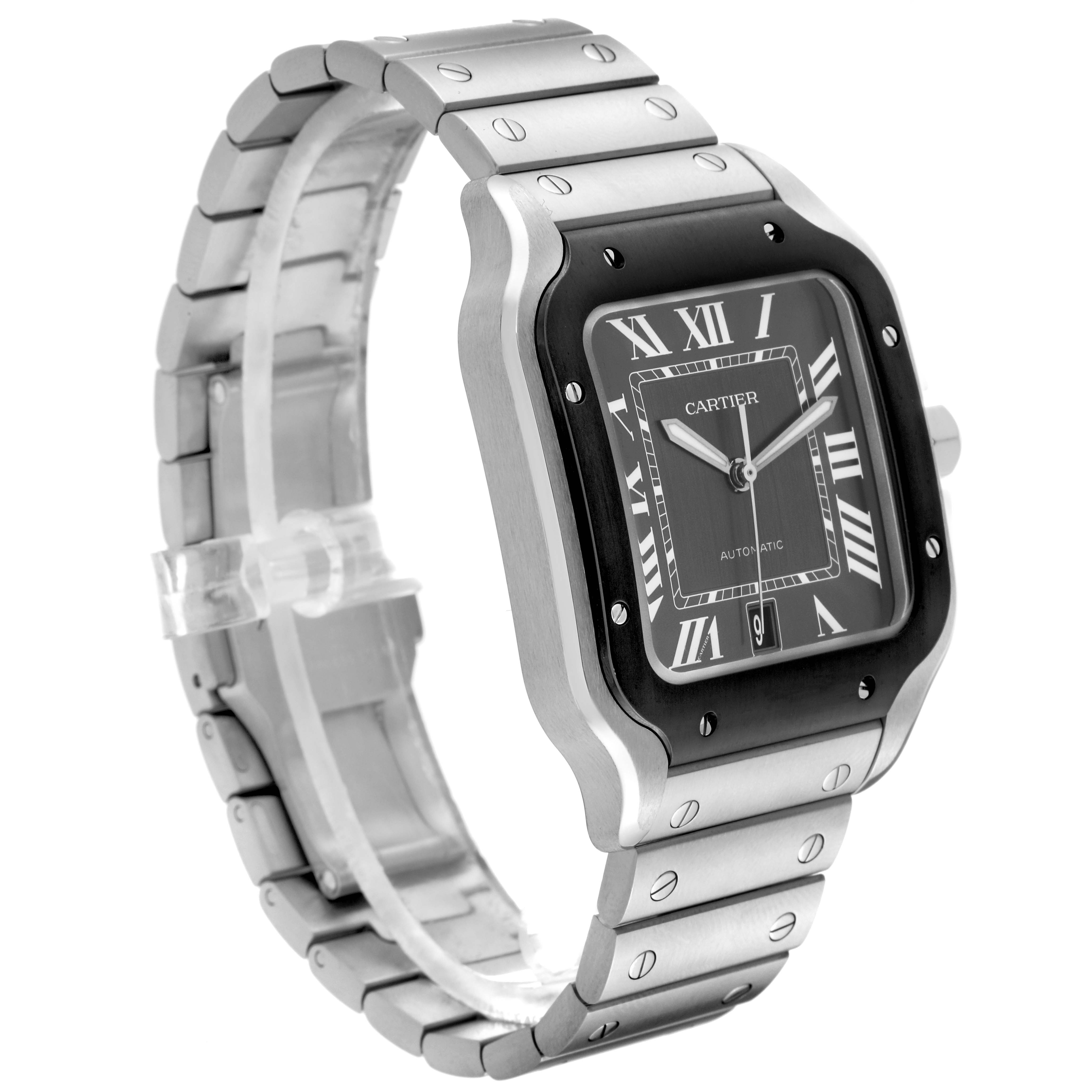 This image shows a side angle view of the Cartier Santos WSSA0037 Men
s Stainless Steel Black Dial WSSA0037 Men
s Stainless Steel Black Dial watch, highlighting its face, bezel, and bracelet.