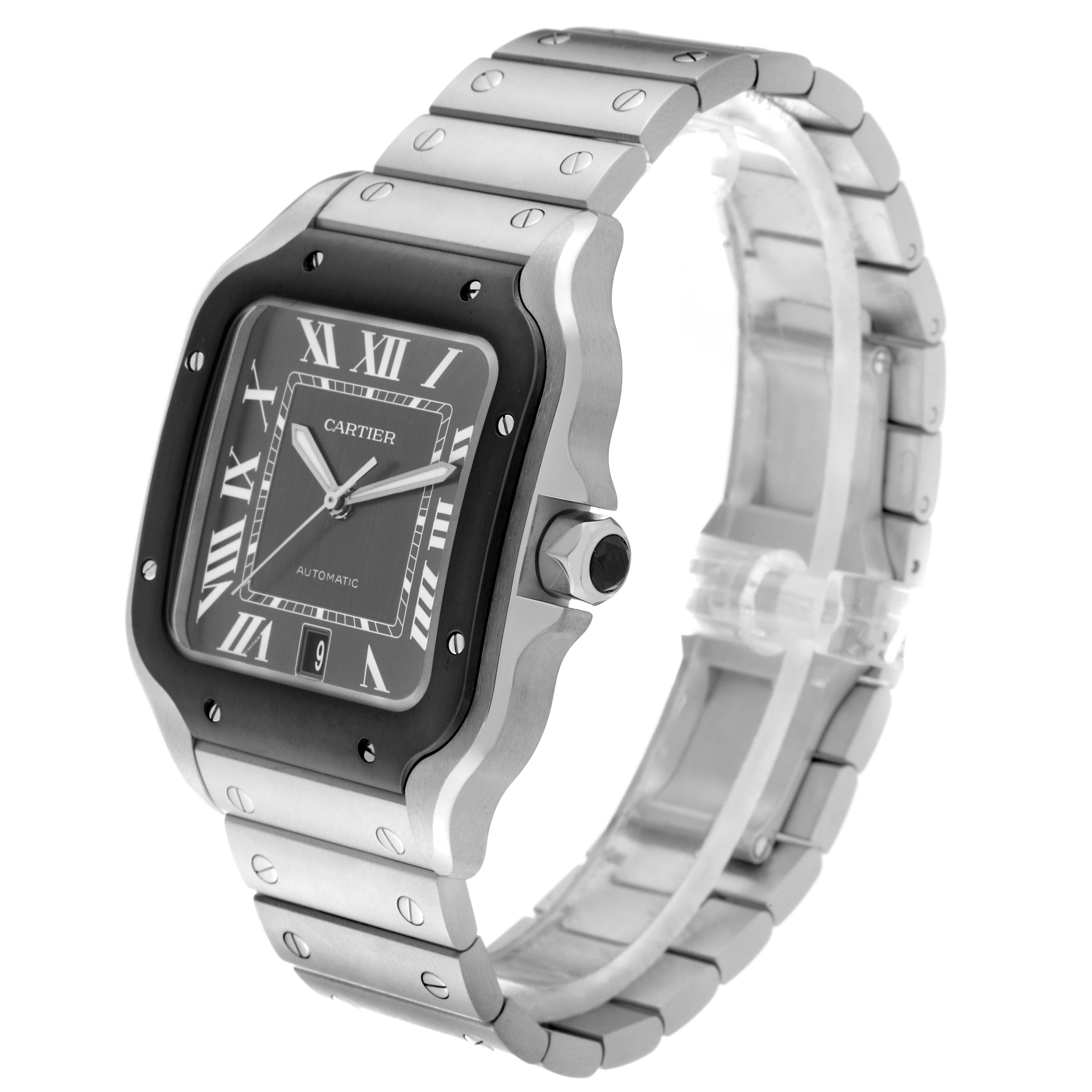 The Cartier Santos WSSA0037 Men
s Stainless Steel Black Dial WSSA0037 Men
s Stainless Steel Black Dial watch is shown at a three-quarter angle, highlighting the face, bezel, crown, and metal bracelet.