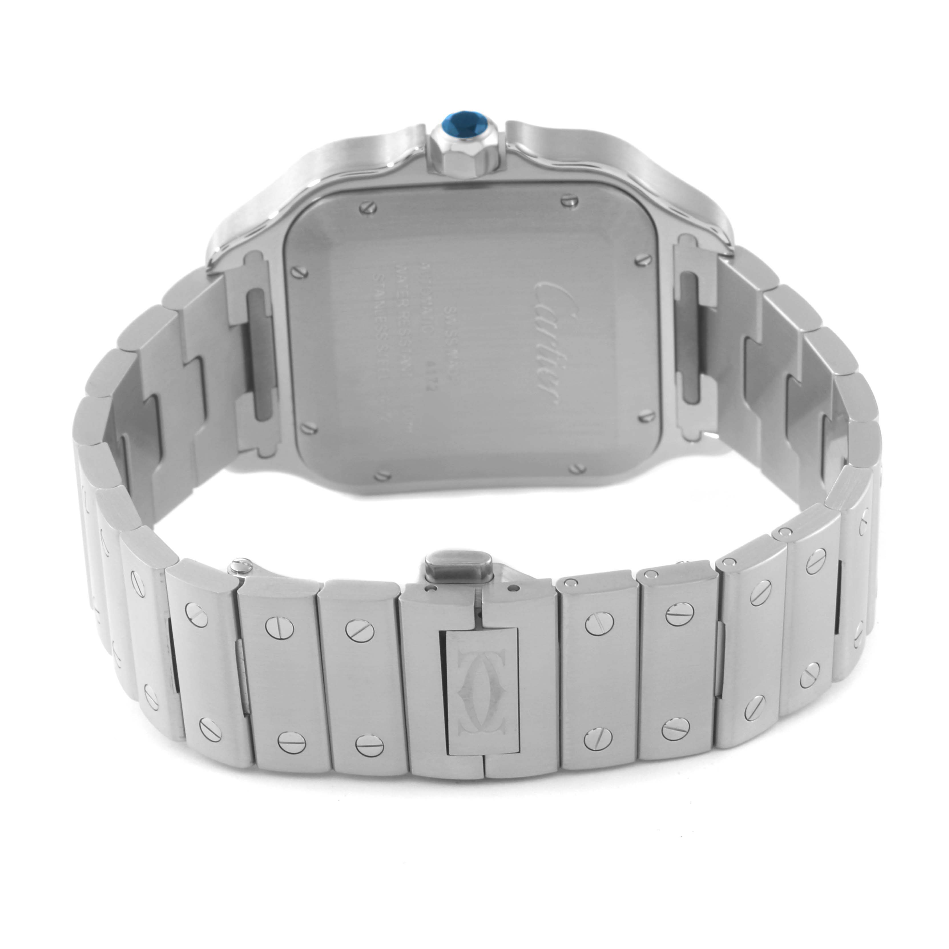 The image displays the back view of a Cartier Santos WSSA0037 Men
s Stainless Steel Black Dial WSSA0037 Men
s Stainless Steel Black Dial watch, focusing on the case back, bracelet, and the clasp.
