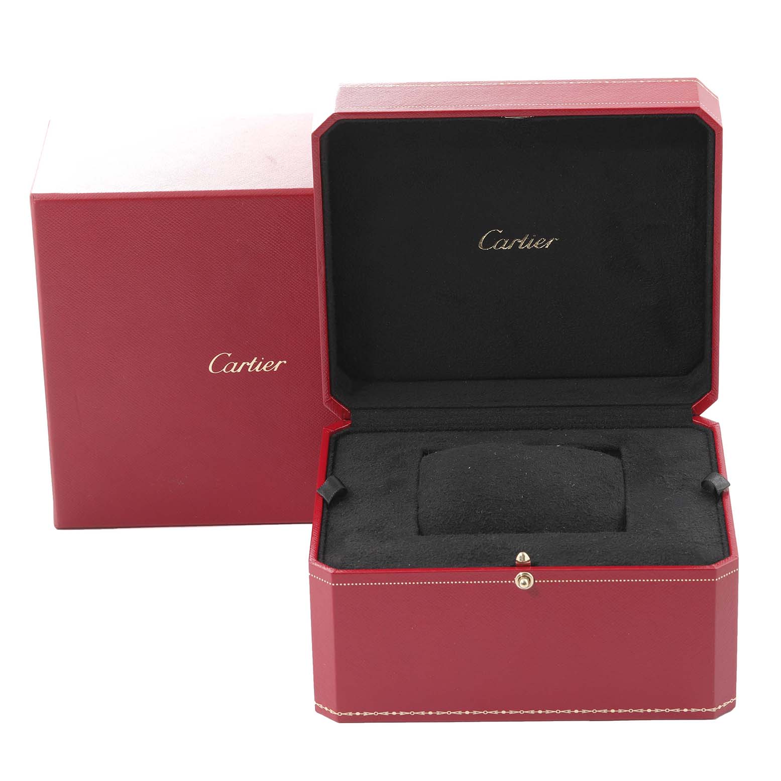This image shows an open red Cartier Santos WSSA0037 Men
s Stainless Steel Black Dial WSSA0037 Men
s Stainless Steel Black Dial watch box with the brand name inside.