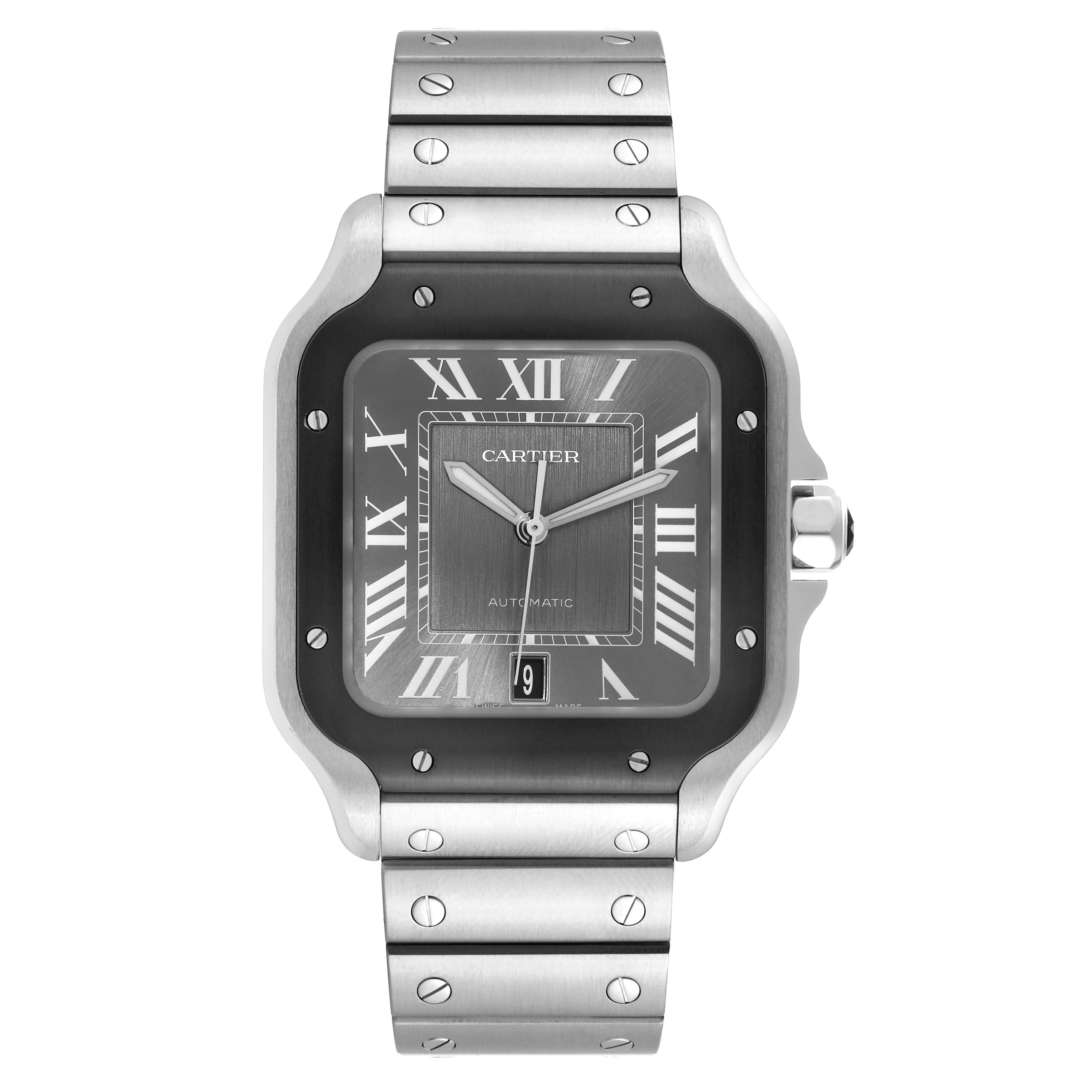 The image shows a front view of the Cartier Santos WSSA0037 Men
s Stainless Steel Black Dial WSSA0037 Men
s Stainless Steel Black Dial model watch, highlighting its square face, Roman numerals, and metal bracelet.