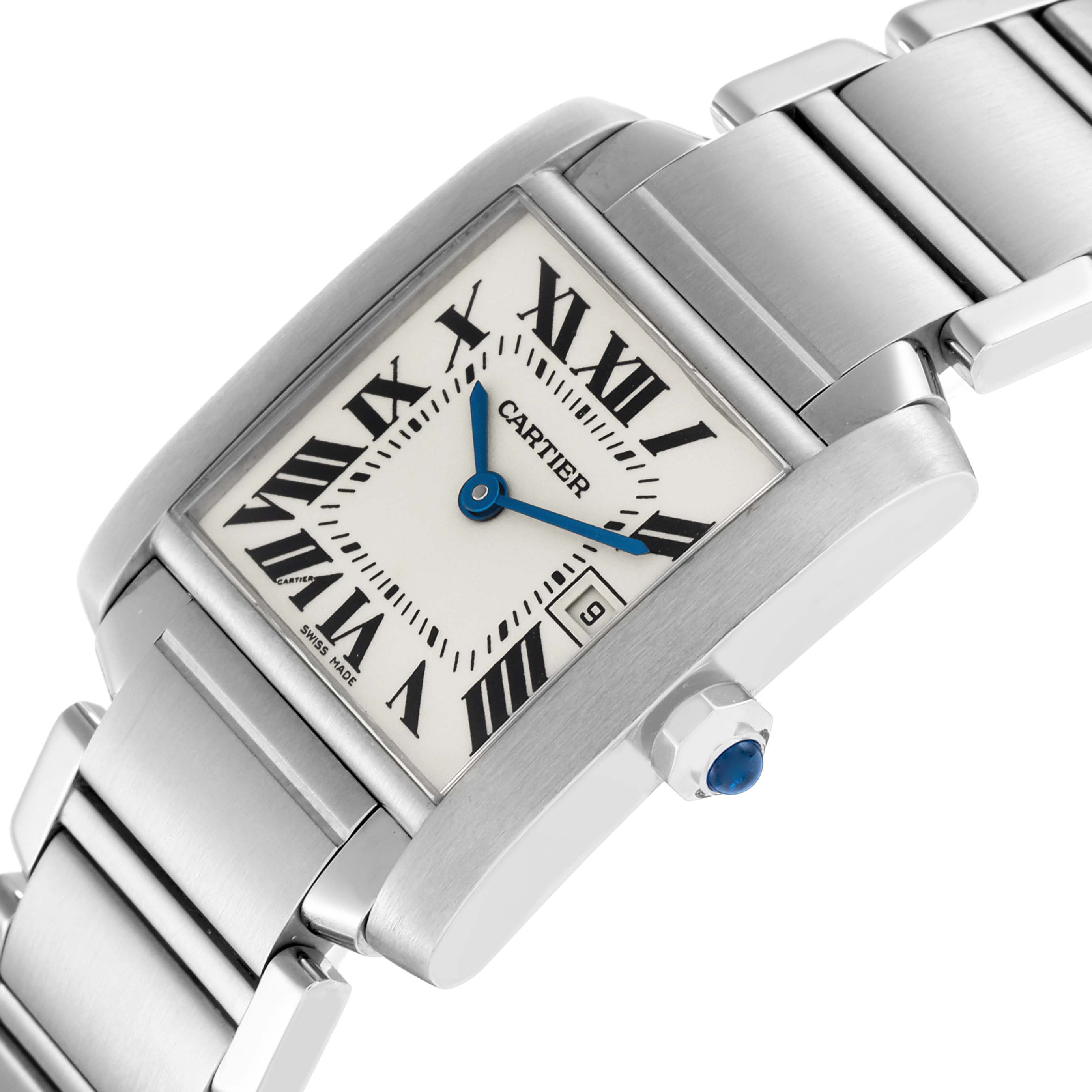 The Cartier Tank Francaise model W51011Q3 is shown at an angle emphasizing the rectangular face, Roman numerals, blue hands, and metal bracelet.